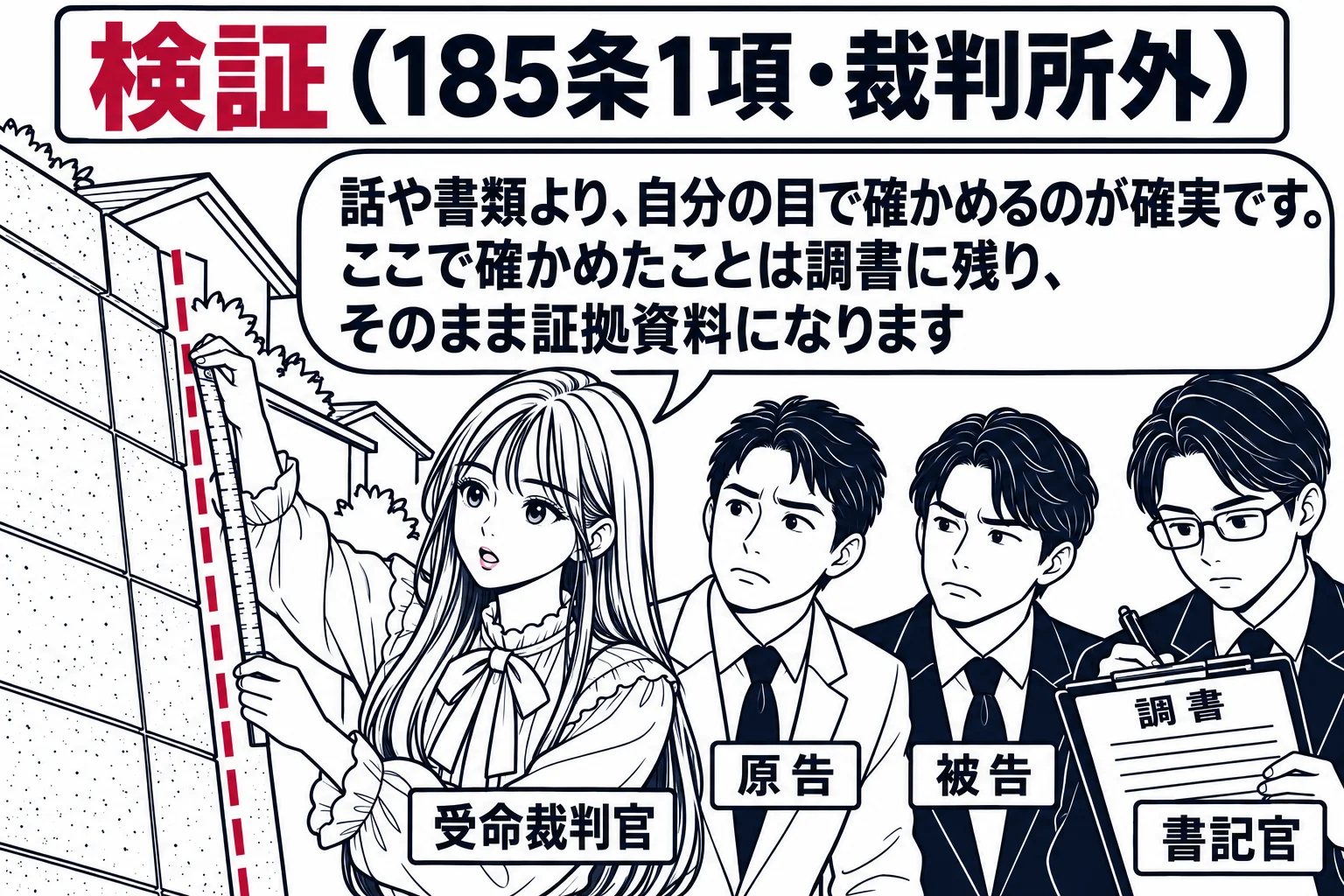 住宅地の現場で検証をしている場面。傾いたブロック塀の前で、先生が裁判官役（札「受命裁判官」）としてメジャーを当てて傾きを確かめている。後ろに男性二人（札「原告」「被告」）が立ち会い、男性（札「書記官」）がクリップボードに記録している。看板「