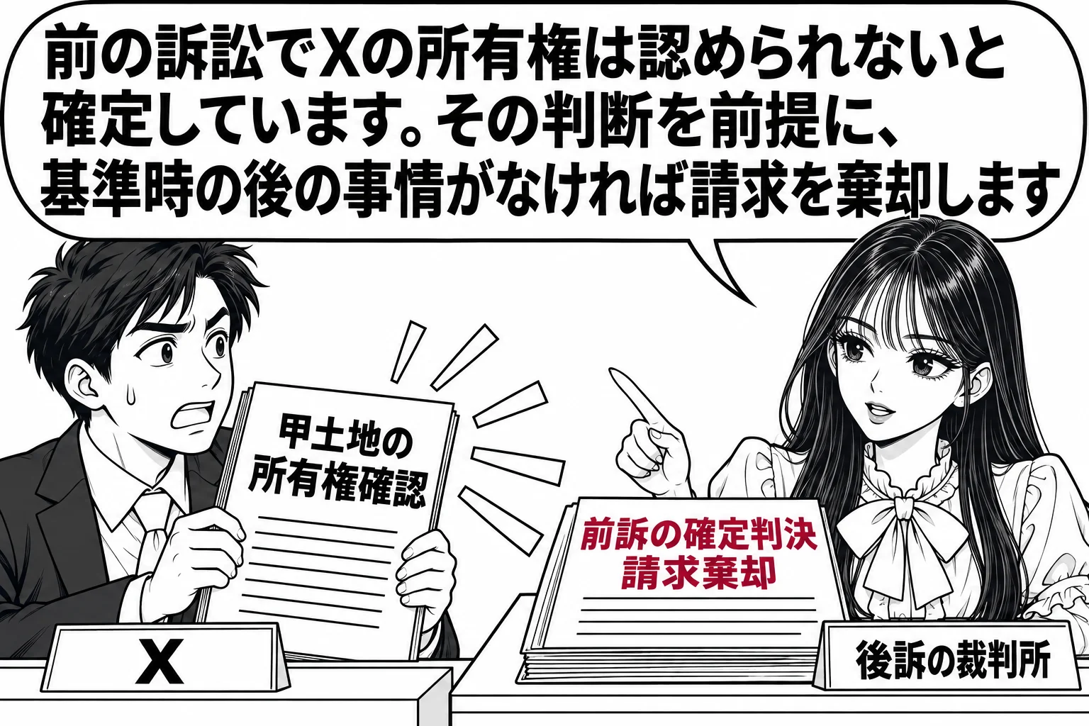 法廷の場面。原告席の男性（札「X」）が新しい訴状（表題「甲土地の所有権確認」）を掲げているが、法壇の先生（札「後訴の裁判所」）の机の上には前の判決書（札「前訴の確定判決 請求棄却」）が置かれ、そこから光が男性の訴状に当たっている。先生の吹き