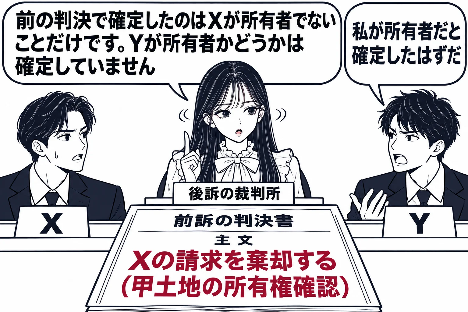 法廷の場面。原告席の男性（札「X」）と被告席の男性（札「Y」）。法壇の先生（札「後訴の裁判所」）の前に前訴の判決書（主文「Xの請求を棄却する（甲土地の所有権確認）」）が置かれている。Yが「私が所有者だと確定したはずだ」と言い、先生が首を横に