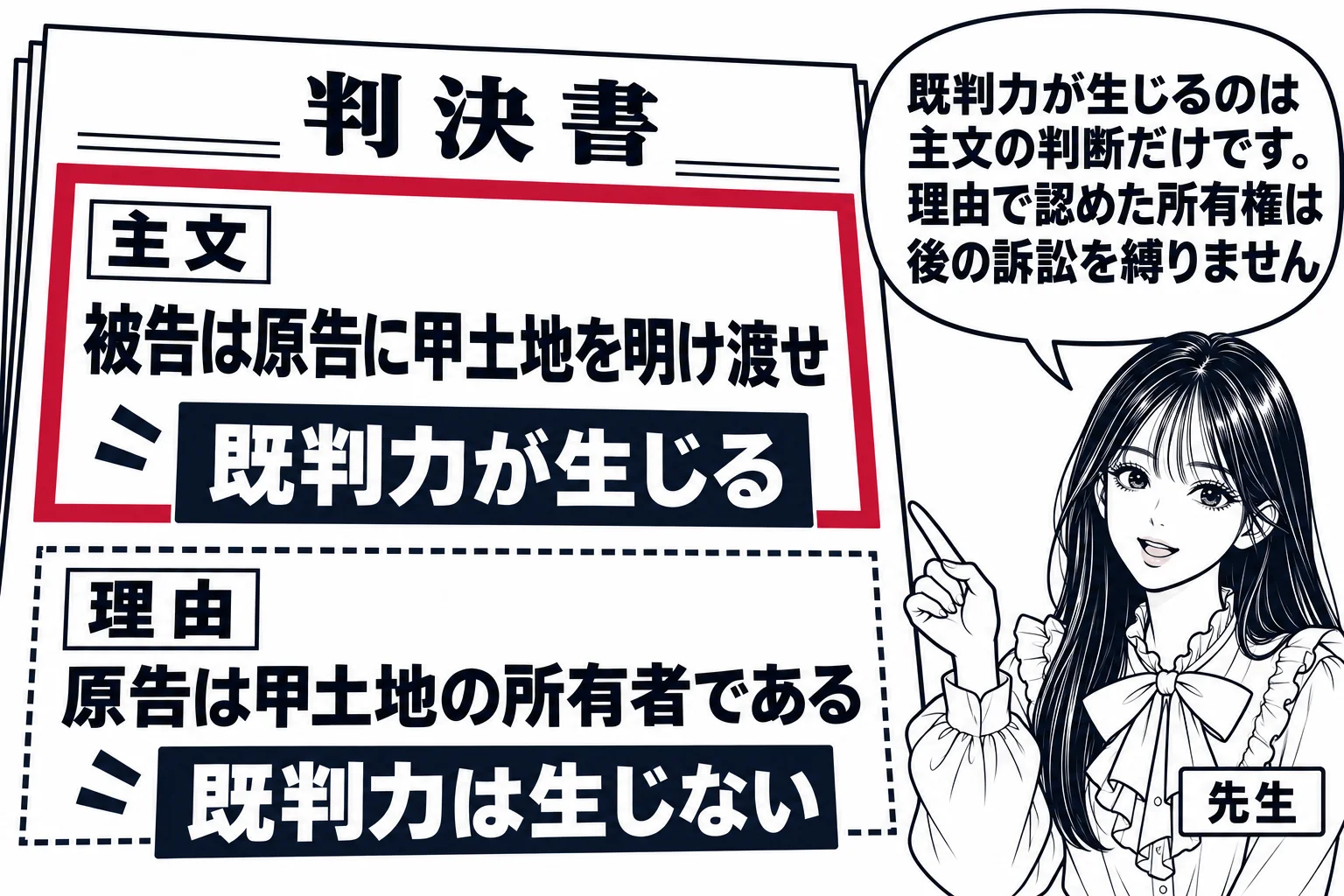 判決書の大写しの図解。判決書の上半分の「主文」欄に「被告は原告に甲土地を明け渡せ」と書かれ、太い枠で囲まれて札「既判力が生じる」。下半分の「理由」欄に「原告は甲土地の所有者である」と書かれ、点線の枠で札「既判力は生じない」。判決書の横に先生