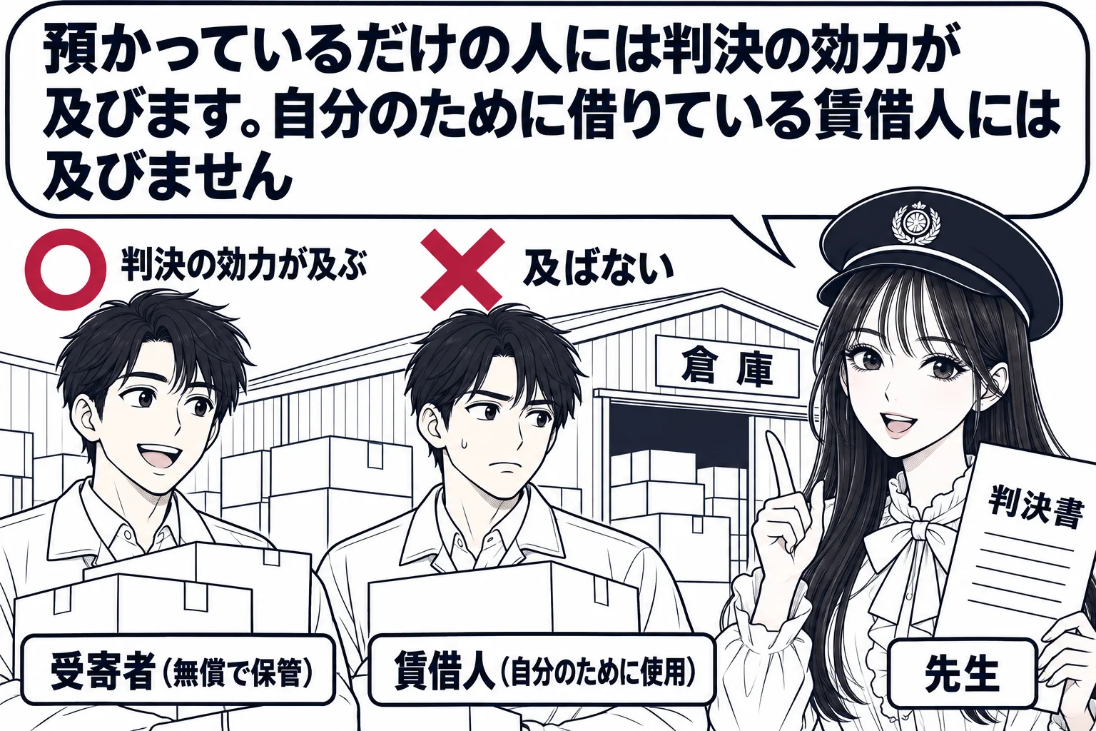 倉庫の前の場面。動産の箱の横に2人の男性。左の男性は札「受寄者（無償で保管）」、右の男性は札「賃借人（自分のために使用）」。執行官の帽子をかぶった先生（札「先生」）が判決書を持って立っている。左の男性の頭上に○と「判決の効力が及ぶ」、右の男