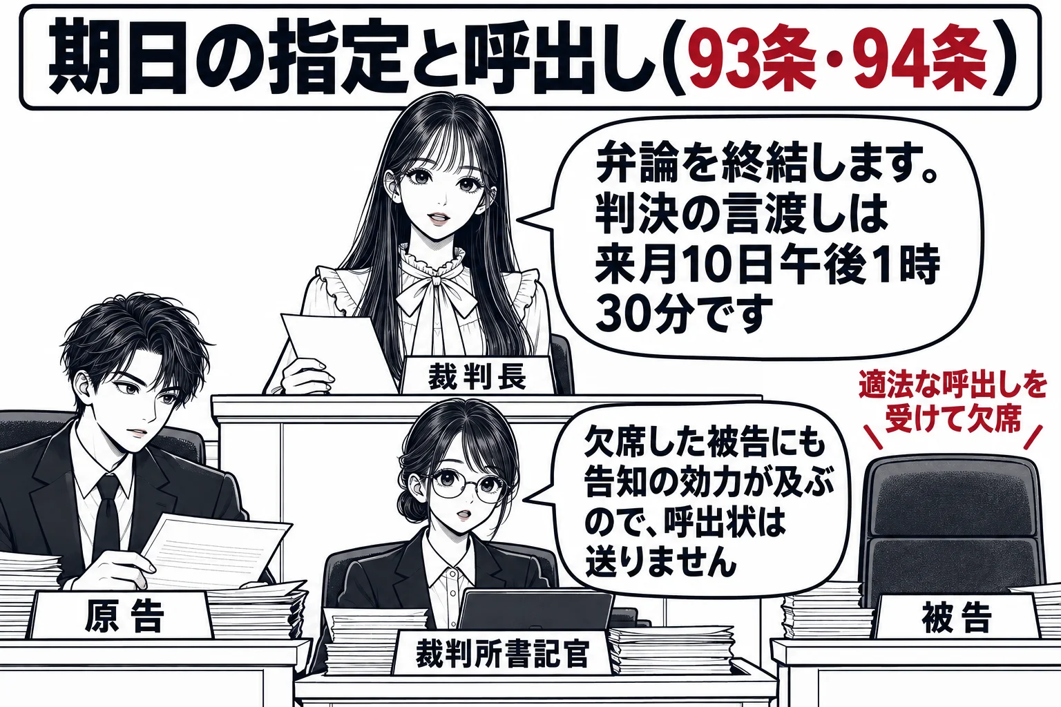 法廷の場面。口頭弁論の終わりに、法壇の先生が裁判長役（札「裁判長」）として立ち、吹き出し「弁論を終結します。判決の言渡しは来月10日午後1時30分です」。原告席に原告代理人（札「原告」）が座り、被告席は空いている。被告席の上に小さな注記「適