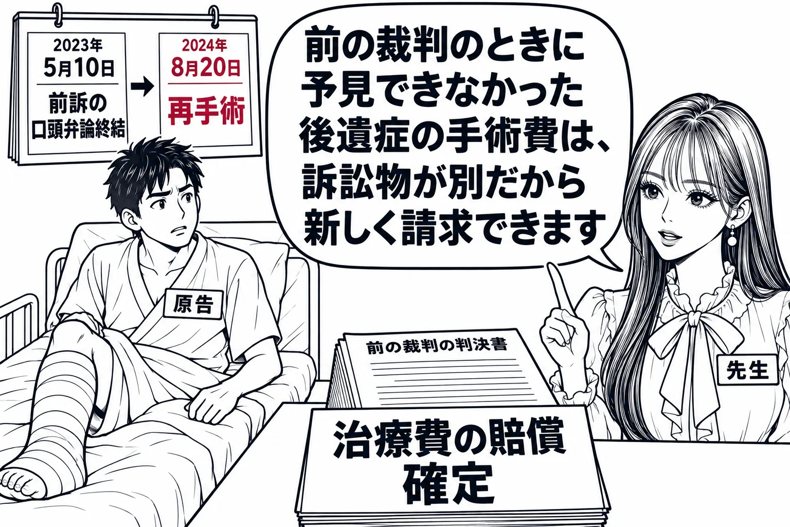 病院の診察室の場面。ベッドに座る男性（札「原告」）の脚に包帯が巻かれ、壁のカレンダーに「前訴の口頭弁論終結」の印と、その後の日付に「再手術」の印。机の上に前訴の判決書（札「治療費の賠償 確定」）。脇に立つ先生（札「先生」）の吹き出し「前の裁