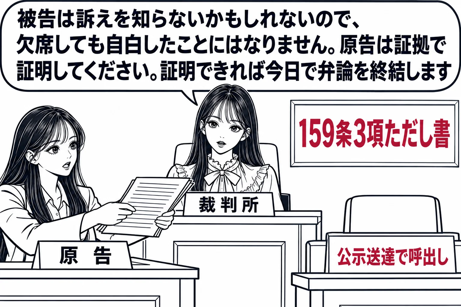 公開の法廷の場面。被告席は空いていて、札「公示送達で呼出し」。原告代理人（札「原告」）が書証を提出している。法壇の先生（札「裁判所」）の吹き出し「被告は訴えを知らないかもしれないので、欠席しても自白したことにはなりません。原告は証拠で証明し