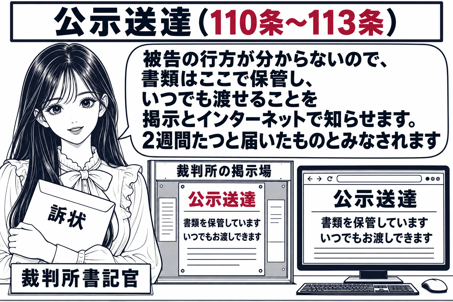 裁判所の1階ロビーの場面。壁に裁判所の掲示場があり、一枚の紙（札「公示送達」）が貼られている。隣に大型モニターがあり、同じ内容のウェブ画面が映っている。掲示場の前で先生が書記官役（札「裁判所書記官」）として訴状の封筒を手に持ち、吹き出し「被