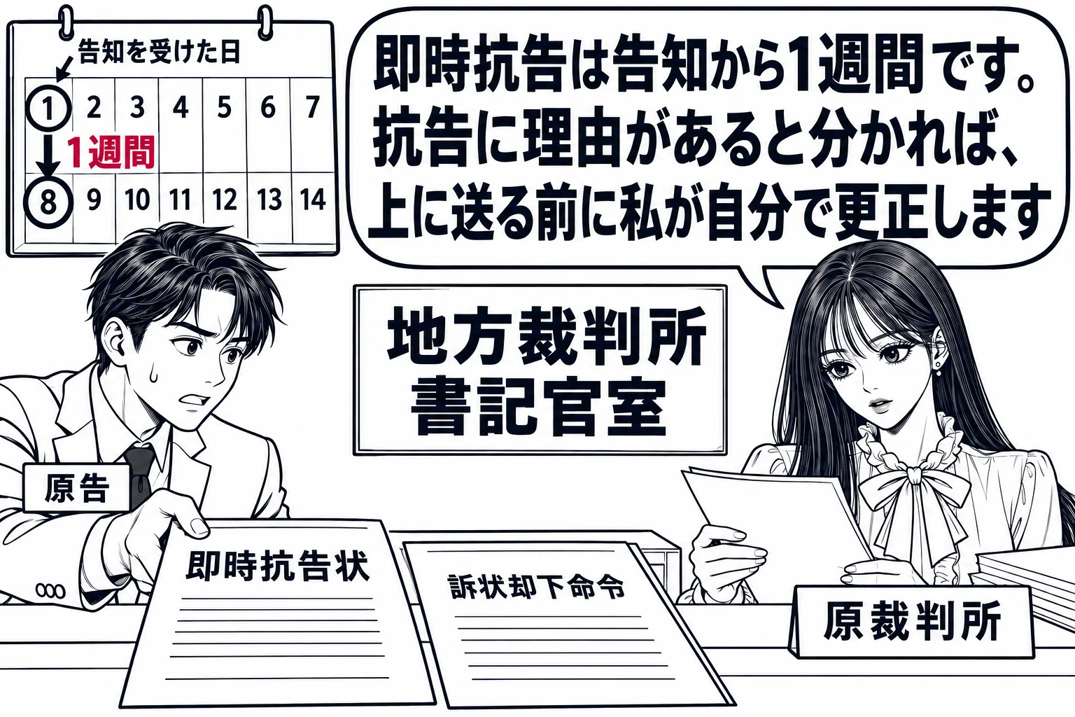 地方裁判所の書記官室の受付の場面。カウンターの上に「訴状却下命令」と書かれた書面と、男性（札「原告」）が差し出す「即時抗告状」が並ぶ。壁のカレンダーに「告知を受けた日」に丸、そこから7日目に印と「1週間」の文字。奥の机で先生が裁判官役（札「