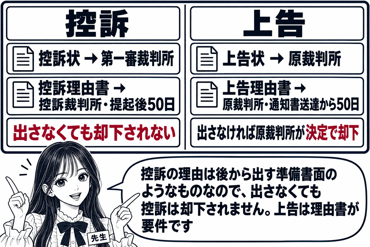 教室の黒板の図解。黒板を左右に分け、左に見出し「控訴」、右に見出し「上告」。左の列：「控訴状 → 第一審裁判所」「控訴理由書 → 控訴裁判所・提起後50日」「出さなくても却下されない」。右の列：「上告状 → 原裁判所」「上告理由書 → 原裁