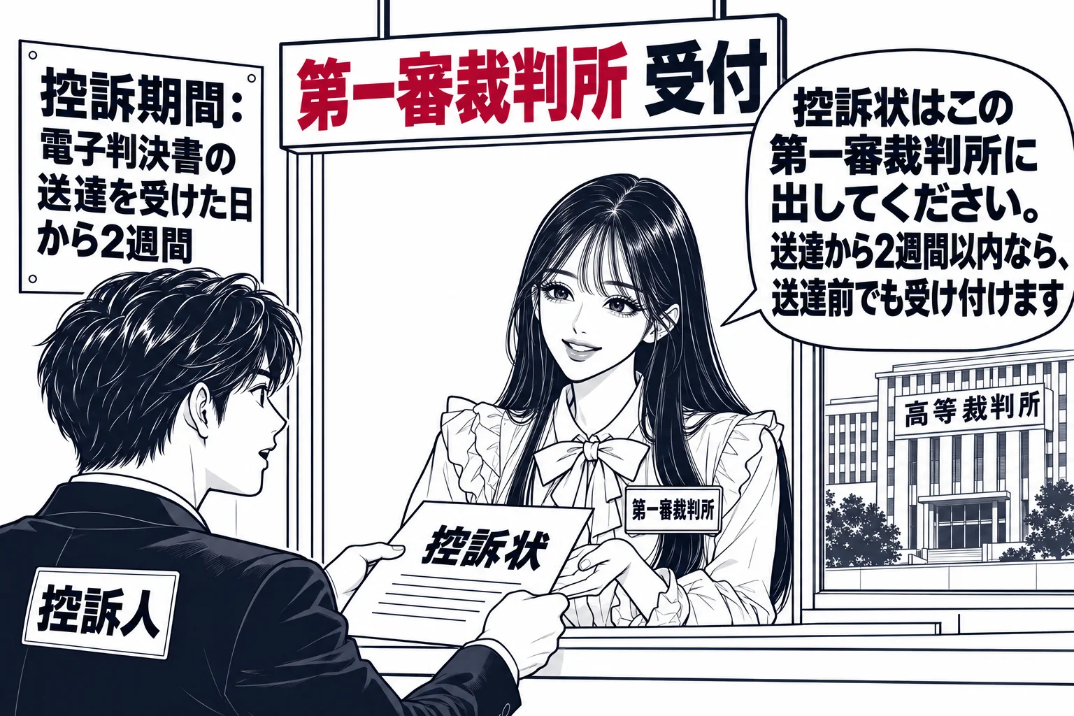 地方裁判所の書記官室の受付カウンターの場面。カウンターの上の看板に「第一審裁判所 受付」。男性（札「控訴人」）が「控訴状」と書かれた書面を差し出している。その横の壁に掲示「控訴期間：電子判決書の送達を受けた日から2週間」。カウンターの奥に先