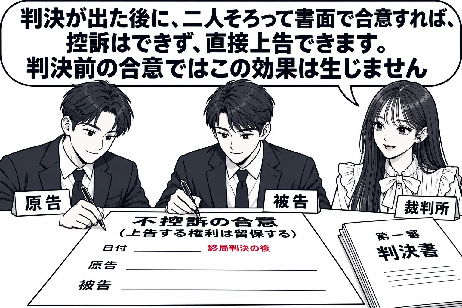 地方裁判所の和解室のような小部屋で、判決書を前に二人の男性（札「原告」「被告」）が向かい合って一枚の書面に署名している。書面の表題は「不控訴の合意（上告する権利は留保する）」、日付欄の横に小さく「終局判決の後」。机の上に第一審の判決書が置か