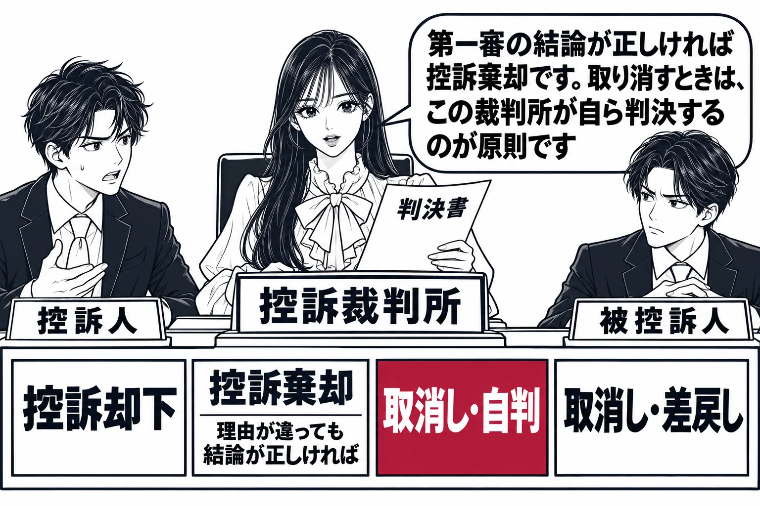 高等裁判所の控訴審の法廷で判決を言い渡す場面。法壇に先生が裁判長役（札「控訴裁判所」）として立ち、手元の判決書を読み上げている。法壇の前の掲示板に四つの札が横に並ぶ：「控訴却下」「控訴棄却」「取消し・自判」「取消し・差戻し」。「控訴棄却」の