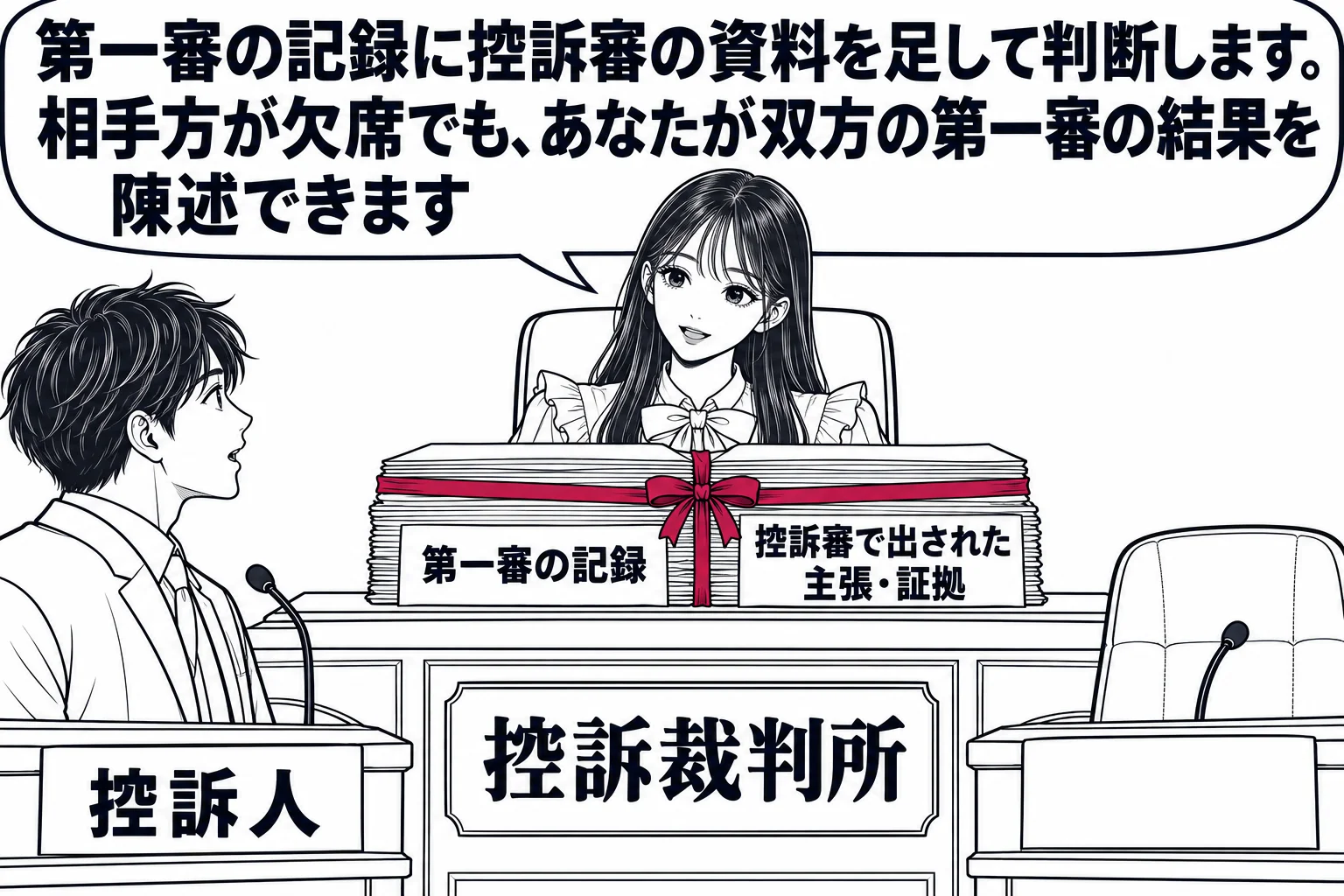 高等裁判所の控訴審の法廷の場面。法壇に先生が裁判長役（札「控訴裁判所」）として座る。法壇の上に二つの書類の束があり、一つに「第一審の記録」、もう一つに「控訴審で出された主張・証拠」と書かれた札が付き、二つが一本の紐で束ねられている。当事者席