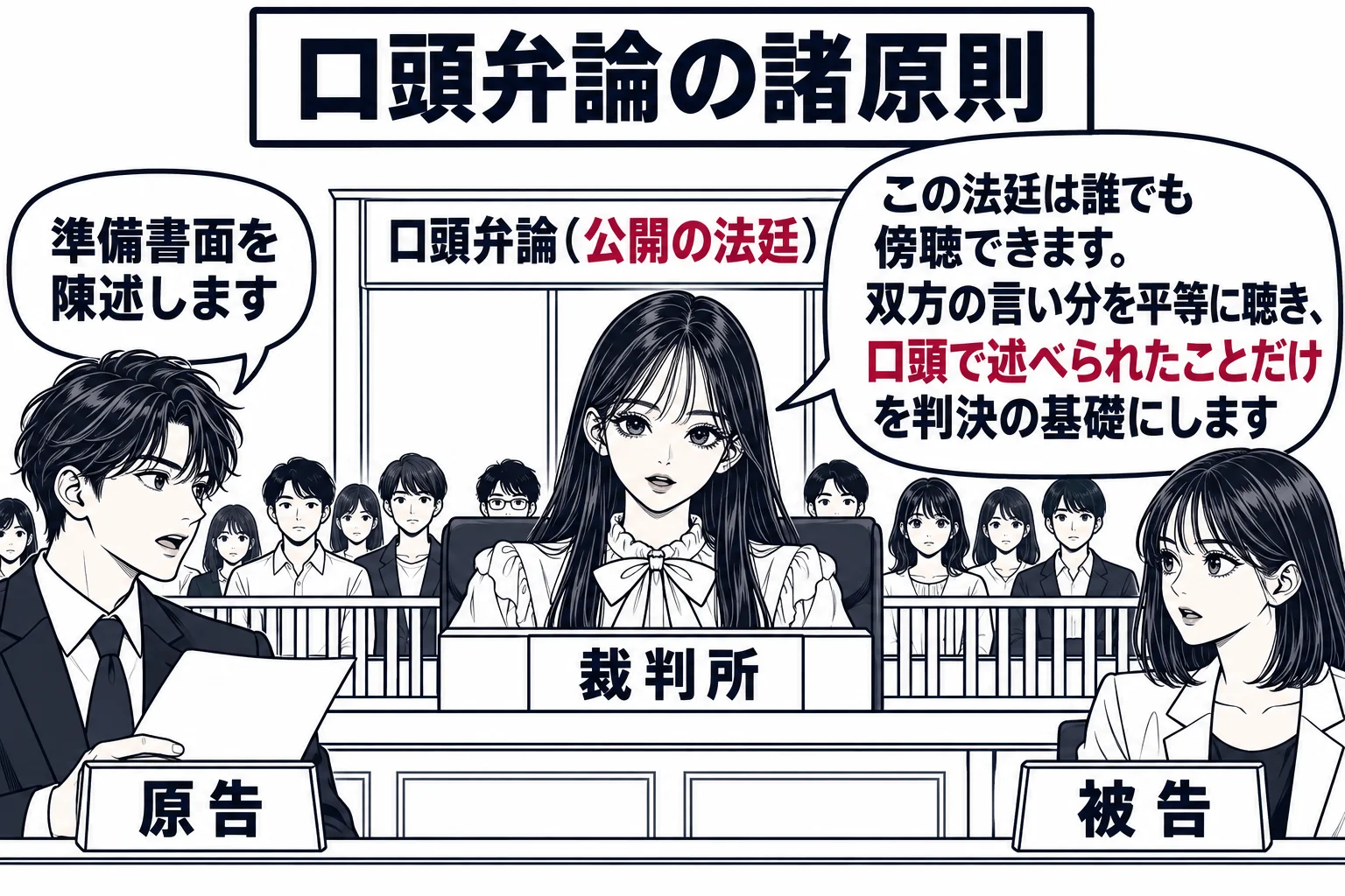民事の法廷の場面。正面の裁判官席に先生が裁判官役（札「裁判所」）として座り、左右に原告（札「原告」）と被告（札「被告」）が向き合って立っている。法廷の後方に柵があり、傍聴席に数人の傍聴人が座っている。原告は書面を手に「準備書面を陳述します」