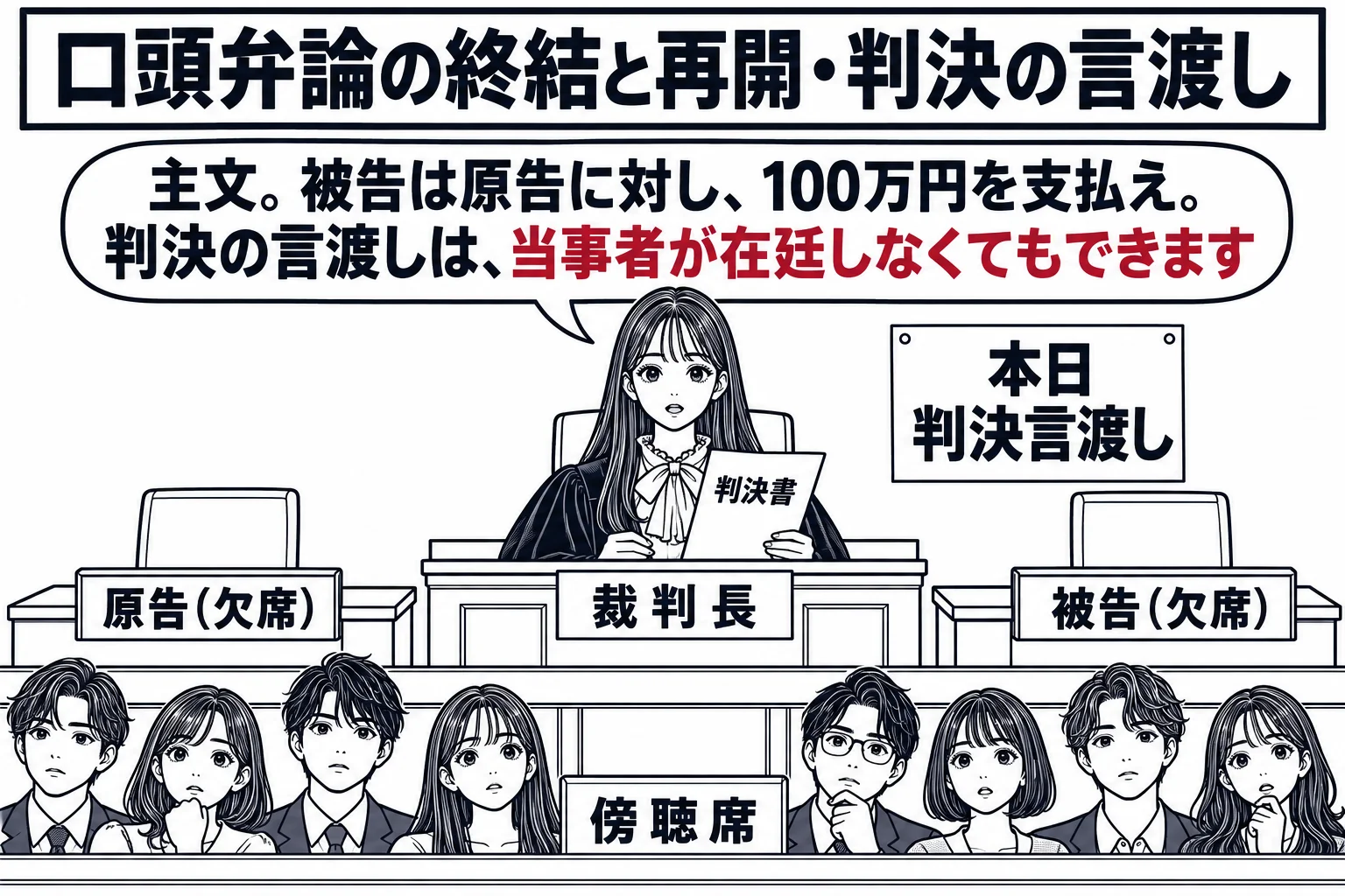 民事の法廷の場面。正面の裁判官席で先生が裁判長役（札「裁判長」）として座り、原告席・被告席はどちらも空席で、札「原告（欠席）」「被告（欠席）」が置かれている。傍聴席に数人が座っている。先生が判決書を手に、吹き出し「主文。被告は原告に対し、1