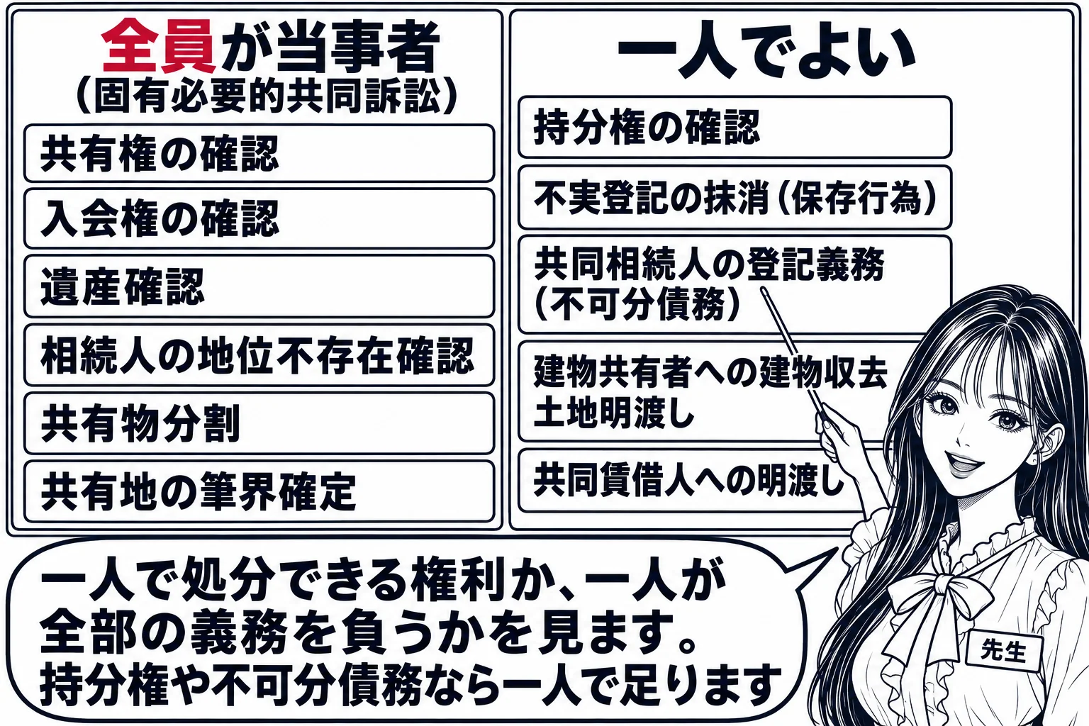 教室の板書の図解。黒板を左右に分け、左の見出し「全員が当事者（固有必要的共同訴訟）」の下に札「共有権の確認」「入会権の確認」「遺産確認」「相続人の地位不存在確認」「共有物分割」「共有地の筆界確定」。右の見出し「一人でよい」の下に札「持分権の