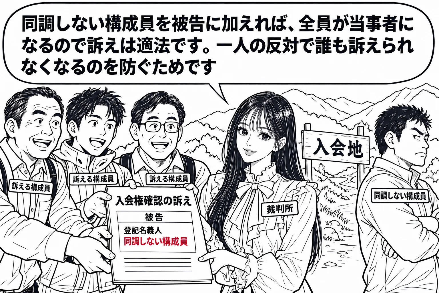 山あいの入会地の入口の場面。立て札「入会地」。男性が3人（札「訴える構成員」）が書面「入会権確認の訴え」を持って立ち、少し離れて男性が1人（札「同調しない構成員」）が腕を組んで背を向けている。先生が裁判官役（札「裁判所」）として書面を受け取