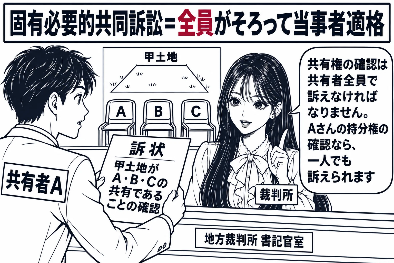 地方裁判所の書記官室の受付カウンターの場面。カウンターの外に男性が1人だけ（札「共有者A」）立ち、訴状「甲土地がA・B・Cの共有であることの確認」を差し出している。カウンターの奥の壁に土地の図と、共有者の札「A」「B」「C」が並び、BとCの
