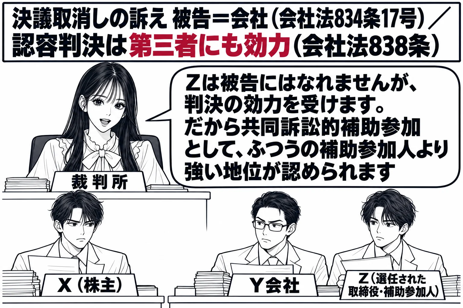 法廷の場面。原告席に男性（札「X（株主）」）、被告席に男性（札「Y会社」）。被告席の横に男性（札「Z（選任された取締役・補助参加人）」）が座っている。壁の掲示「決議取消しの訴え 被告＝会社（会社法834条17号）／認容判決は第三者にも効力（