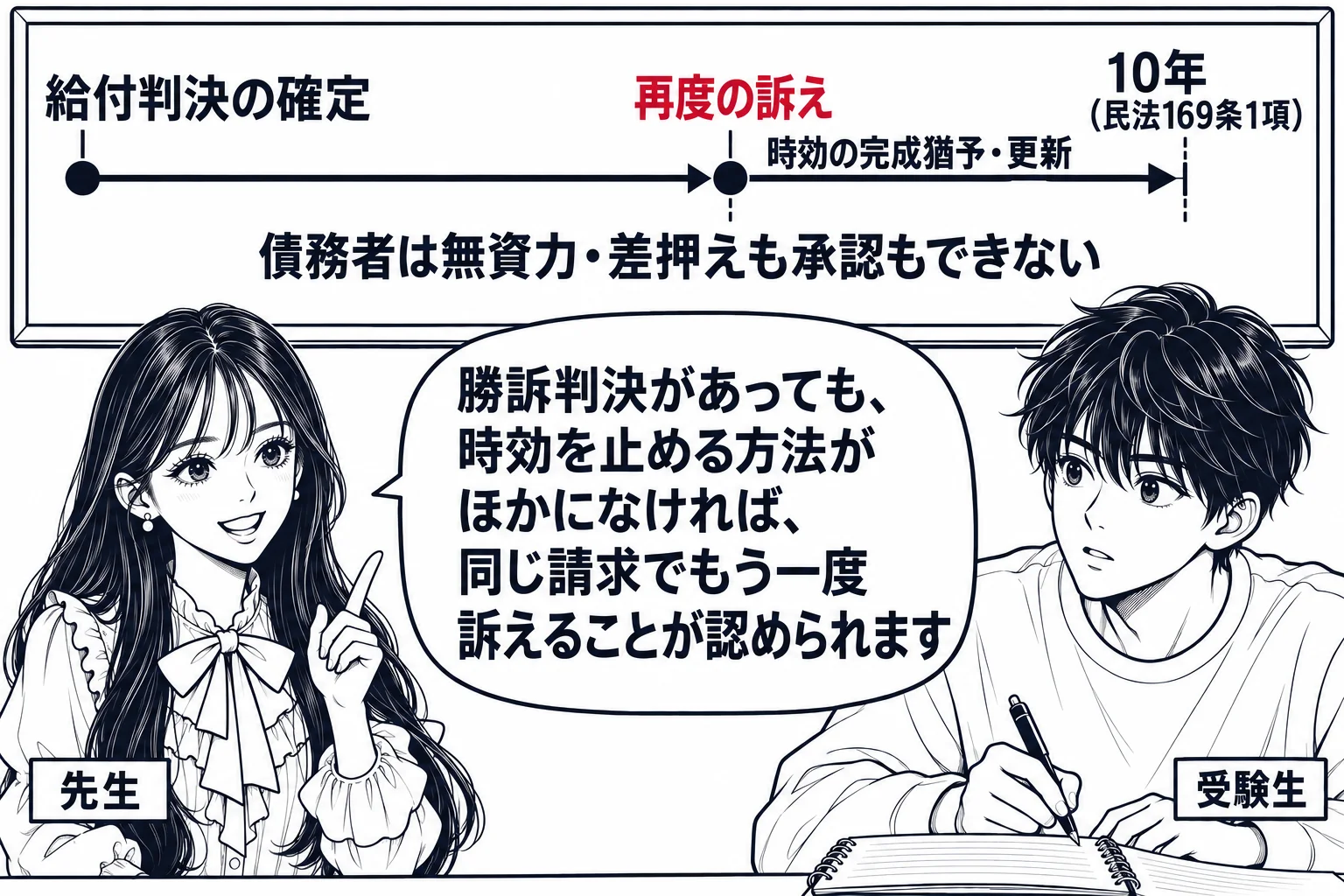 教室の場面。先生が教師役（札「先生」）で黒板の前に立つ。黒板に左から右への時間の矢印があり、左端に「給付判決の確定」、右端に「10年（民法169条1項）」、その手前に「再度の訴え」と書かれ、再度の訴えから右へ「時効の完成猶予・更新」と矢印が