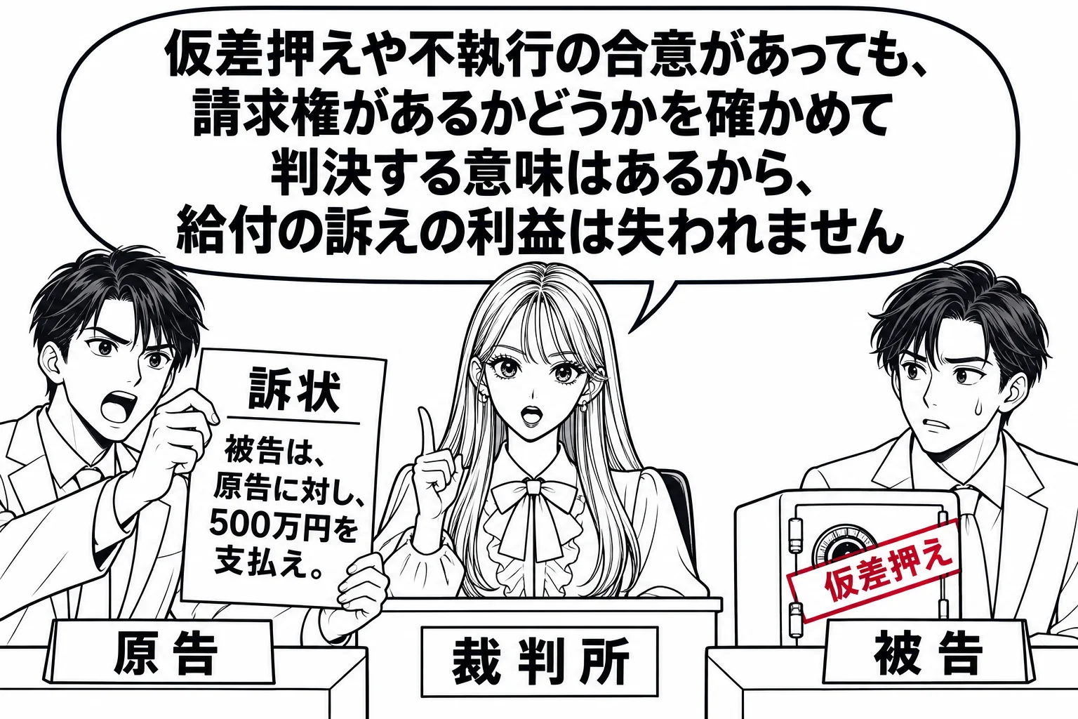 法廷の場面。裁判官席の先生（札「裁判所」）の前に、原告席の男性（札「原告」）と被告席の男性（札「被告」）。被告席の机に「仮差押え」と書かれた封印の札が貼られた金庫が置かれている。原告が訴状を掲げ、訴状に「被告は、原告に対し、500万円を支払