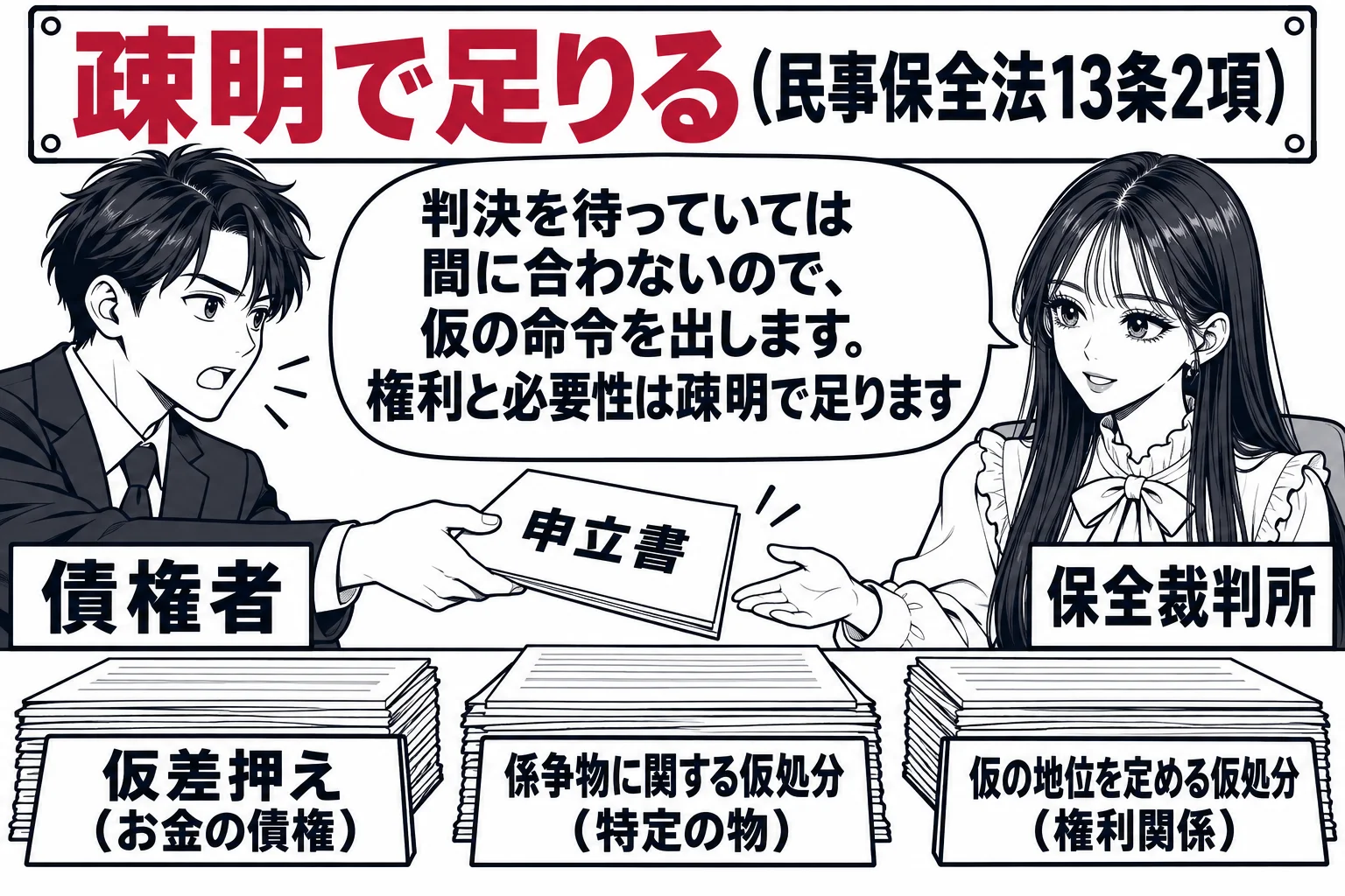 地方裁判所の保全事件の裁判官室の場面。机の上に三つの書類の山があり、それぞれ札「仮差押え（お金の債権）」「係争物に関する仮処分（特定の物）」「仮の地位を定める仮処分（権利関係）」。男性（札「債権者」）が申立書を差し出している。先生が裁判官役