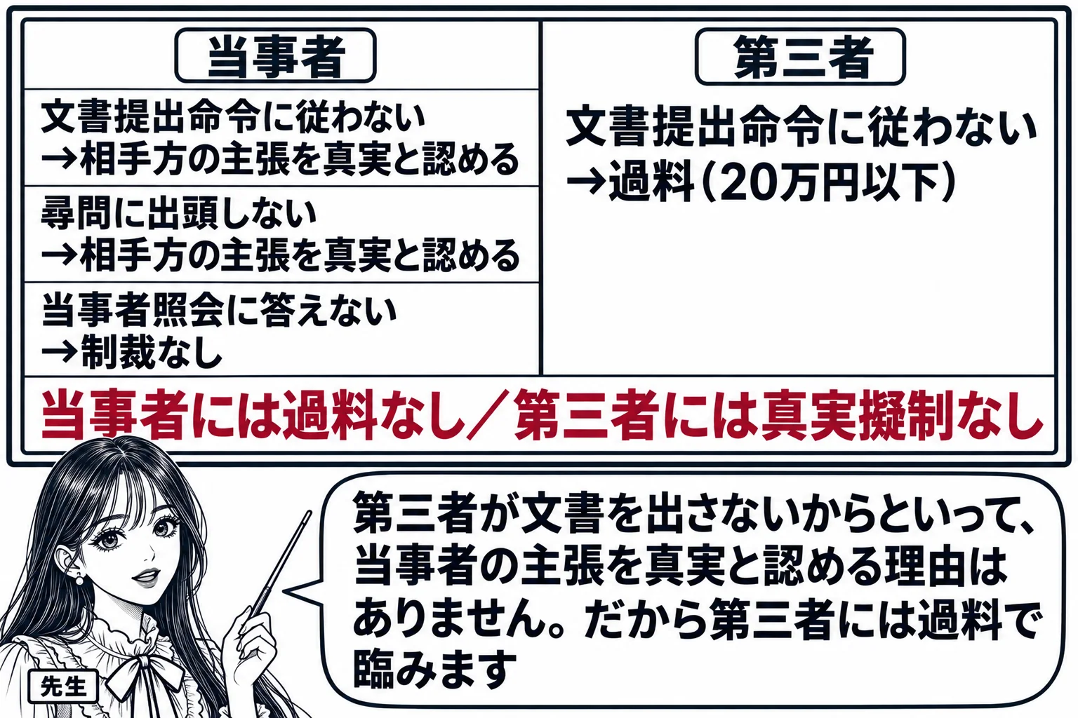 板書の図解。黒板を左右に分け、左に見出し「当事者」として「文書提出命令に従わない→相手方の主張を真実と認める」「尋問に出頭しない→相手方の主張を真実と認める」「当事者照会に答えない→制裁なし」、右に見出し「第三者」として「文書提出命令に従わ