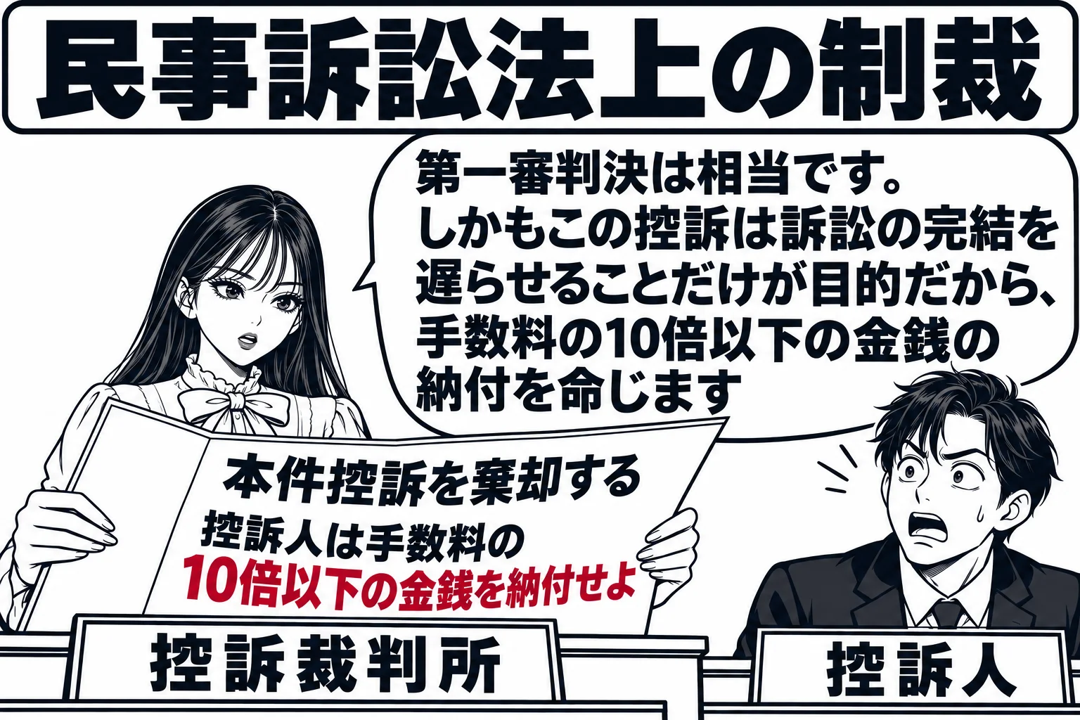 控訴審の法廷の場面。正面の裁判官席で先生が裁判長役（札「控訴裁判所」）として判決書を読み上げている。控訴人席の男性（札「控訴人」）が驚いた顔をしている。判決書の文面に「本件控訴を棄却する」「控訴人は手数料の10倍以下の金銭を納付せよ」と見え