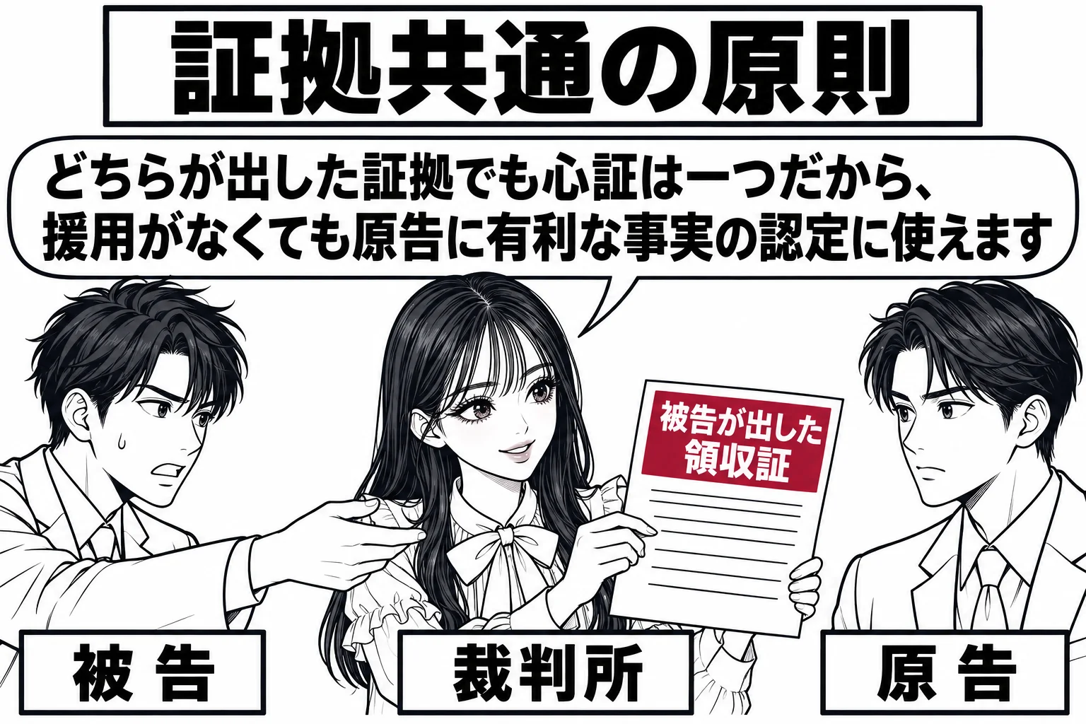 法廷の場面。被告席の男性（札「被告」）が書類（札「被告が出した領収証」）を裁判官席に提出している。裁判官席の先生（札「裁判所」）がその書類を原告席の側に向けて示し、原告席の男性（札「原告」）は援用の発言をしていない。先生の吹き出し「どちらが