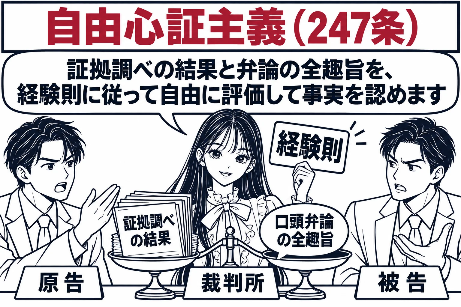 法廷の場面。裁判官席の先生（札「裁判所」）の前に天秤が置かれ、左の皿に「証拠調べの結果」と書いた書類の束、右の皿に「口頭弁論の全趣旨」と書いた吹き出し形の札が載っている。先生は手に札「経験則」を持っている。原告席の男性（札「原告」）と被告席