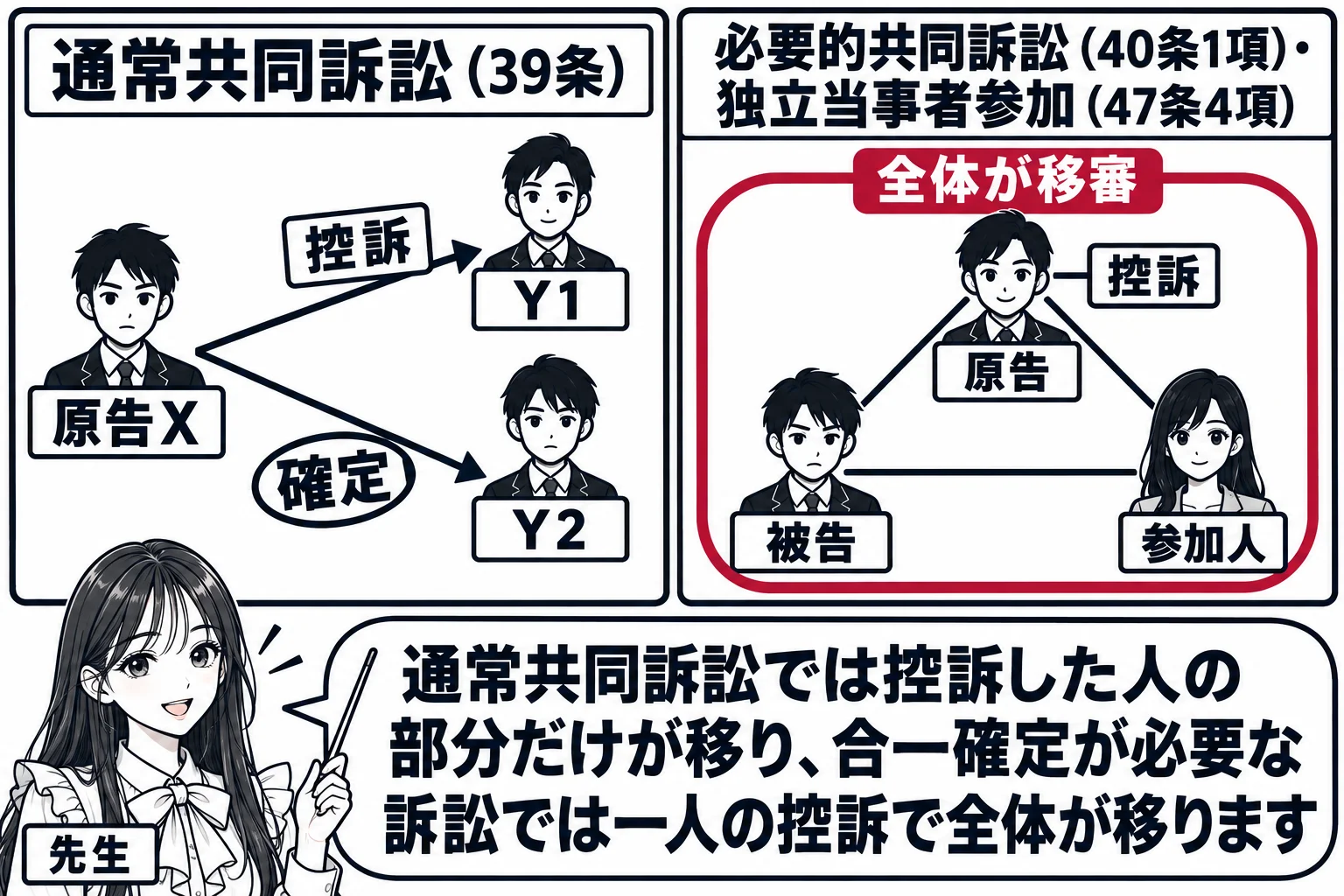教室の黒板の図解。黒板の左半分に見出し「通常共同訴訟（39条）」、原告Xから二本の矢印が「Y1」「Y2」に伸び、Y1の線だけに「控訴」の札、Y2の線に「確定」の判子。右半分に見出し「必要的共同訴訟（40条1項）・独立当事者参加（47条4項）