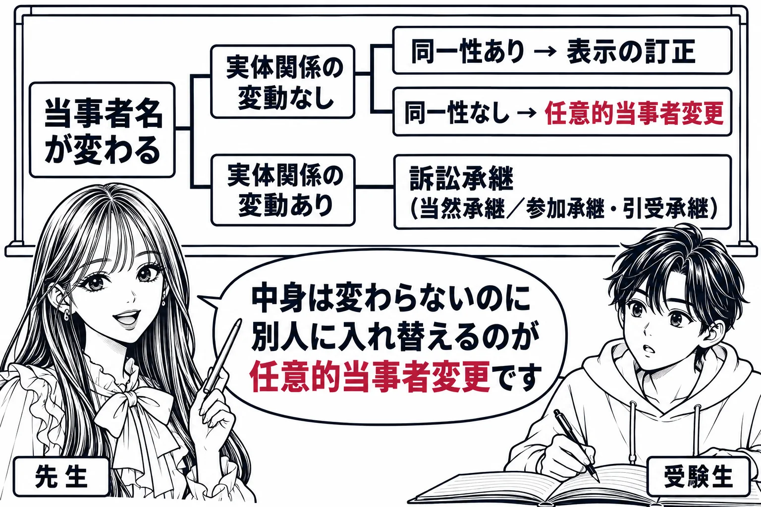 教室の場面。先生が教師役（札「先生」）で黒板の前に立つ。黒板に枝分かれの図。根元「当事者名が変わる」から二本に分かれ、上の枝「実体関係の変動なし」がさらに「同一性あり → 表示の訂正」「同一性なし → 任意的当事者変更」に分かれ、下の枝「実