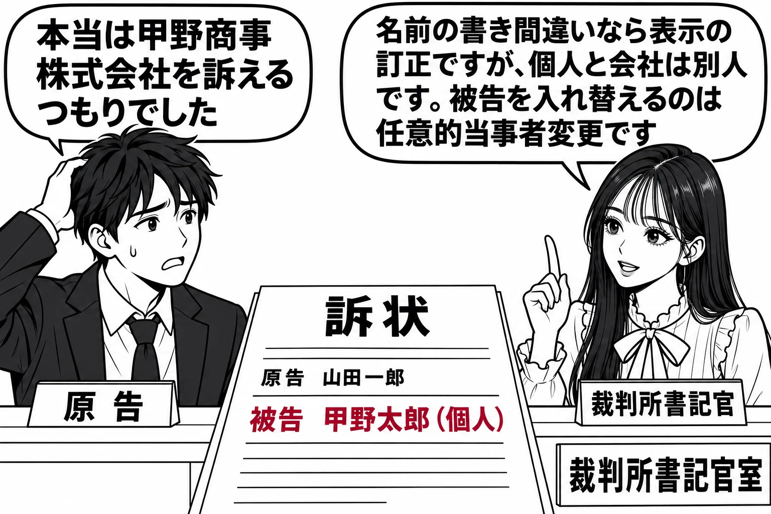 裁判所書記官室の受付カウンターの場面。カウンターの上に訴状が置かれ、被告欄に「被告 甲野太郎（個人）」と書かれている。男性（札「原告」）が頭をかきながら「本当は甲野商事株式会社を訴えるつもりでした」と言っている。先生が裁判所書記官役（札「裁