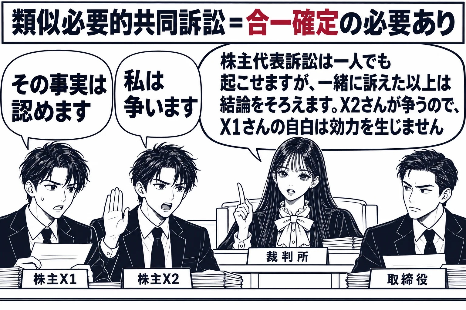 地方裁判所の法廷の場面。原告席に男性が2人（札「株主X1」「株主X2」）並び、被告席に男性（札「取締役」）。X1が「その事実は認めます」と言いかけ、X2が手を挙げて「私は争います」と言っている。法壇に先生が裁判官役（札「裁判所」）として座り