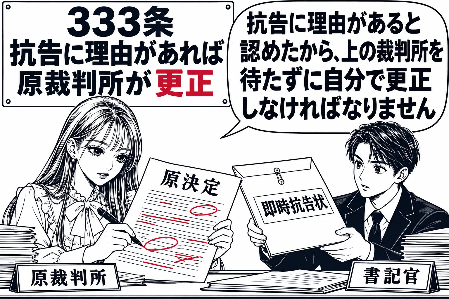 裁判官室の場面。机の先生（札「原裁判所」）の前に、書記官が封筒（札「即時抗告状」）を届けている。先生は自分が出した決定書（札「原決定」）を手に取り、赤ペンで直そうとしている。壁の貼り紙「333条 抗告に理由があれば原裁判所が更正」。先生の吹