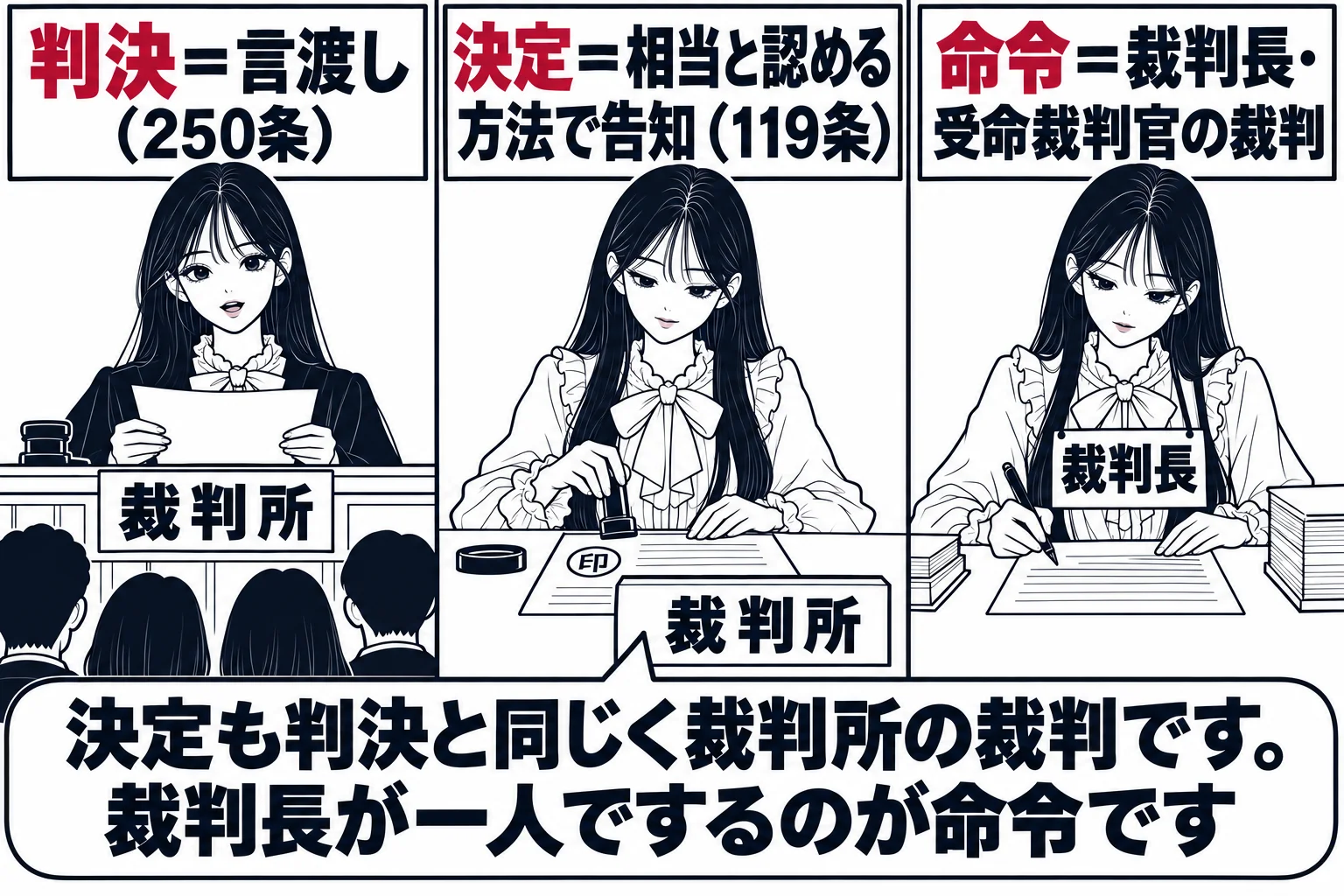裁判所の廊下から見た3つの部屋の断面図。左は公開の法廷で、法壇の先生（札「裁判所」）が傍聴席に向かって紙を読み上げている。看板「判決＝言渡し（250条）」。中央は裁判官室で、先生（札「裁判所」）が机で書面に押印し、看板「決定＝相当と認める方