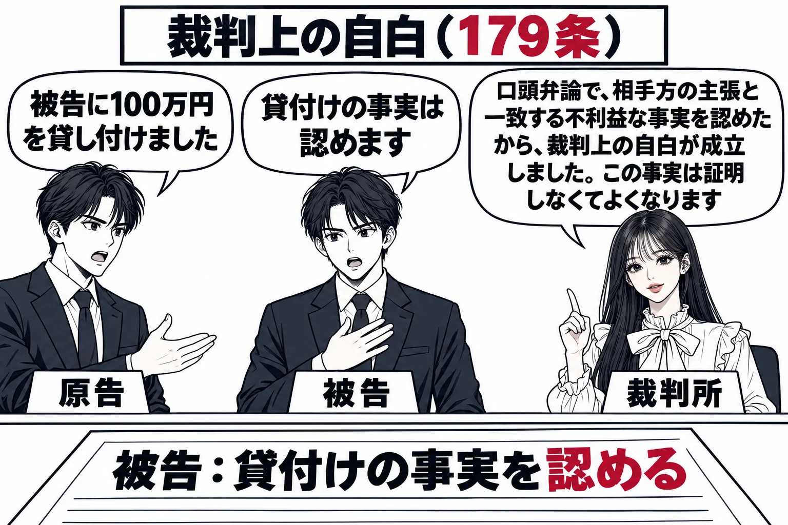 法廷の口頭弁論の場面。原告代理人（札「原告」）が立って「被告に100万円を貸し付けました」と述べている。被告代理人（札「被告」）が立って「貸付けの事実は認めます」と答えている。裁判官席に先生が裁判官役（札「裁判所」）として座り、書記官席の調