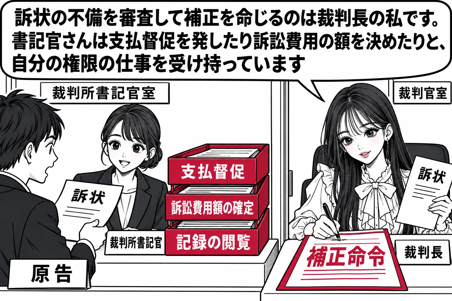 裁判所書記官室と裁判官室の境の場面。左の書記官室のカウンターに女性（札「裁判所書記官」）が座り、手元に「支払督促」「訴訟費用額の確定」「記録の閲覧」と書かれた3つのトレーがある。右の扉の向こうの裁判官室に先生が裁判長役（札「裁判長」）として