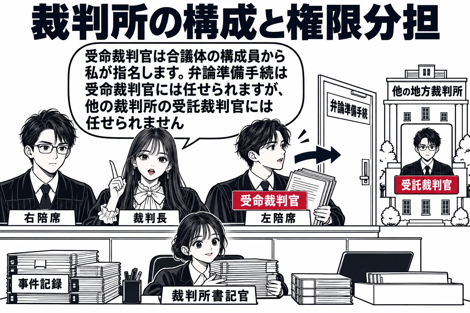 地方裁判所の法廷の裁判官席を正面から見た場面。中央に先生が裁判長役（札「裁判長」）として座り、左右に裁判官が1人ずつ座る（札「右陪席」「左陪席」）。左陪席の裁判官が書類を持って立ち上がり、別室の「弁論準備手続」の札の扉へ向かおうとしている（