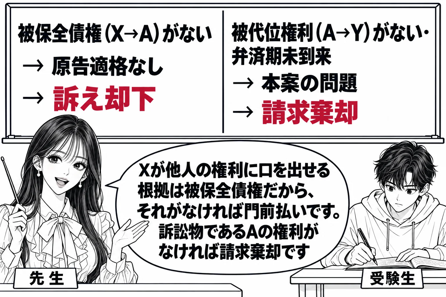 教室の場面。先生が教師役（札「先生」）で黒板の前に立つ。黒板の左に「被保全債権（X→A）がない → 原告適格なし → 訴え却下」、右に「被代位権利（A→Y）がない・弁済期未到来 → 本案の問題 → 請求棄却」と書かれ、左右の間に縦線が引かれ