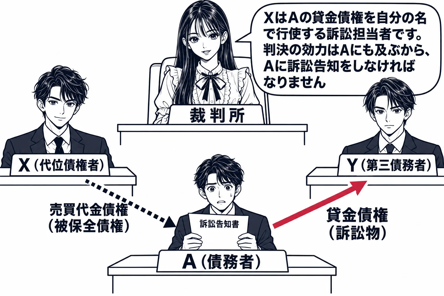 法廷の場面を上から見た図。原告席に男性（札「X（代位債権者）」）、被告席に男性（札「Y（第三債務者）」）。傍聴席の最前列に男性（札「A（債務者）」）が座り、手に「訴訟告知書」を持っている。XからAへ点線の矢印「売買代金債権（被保全債権）」、