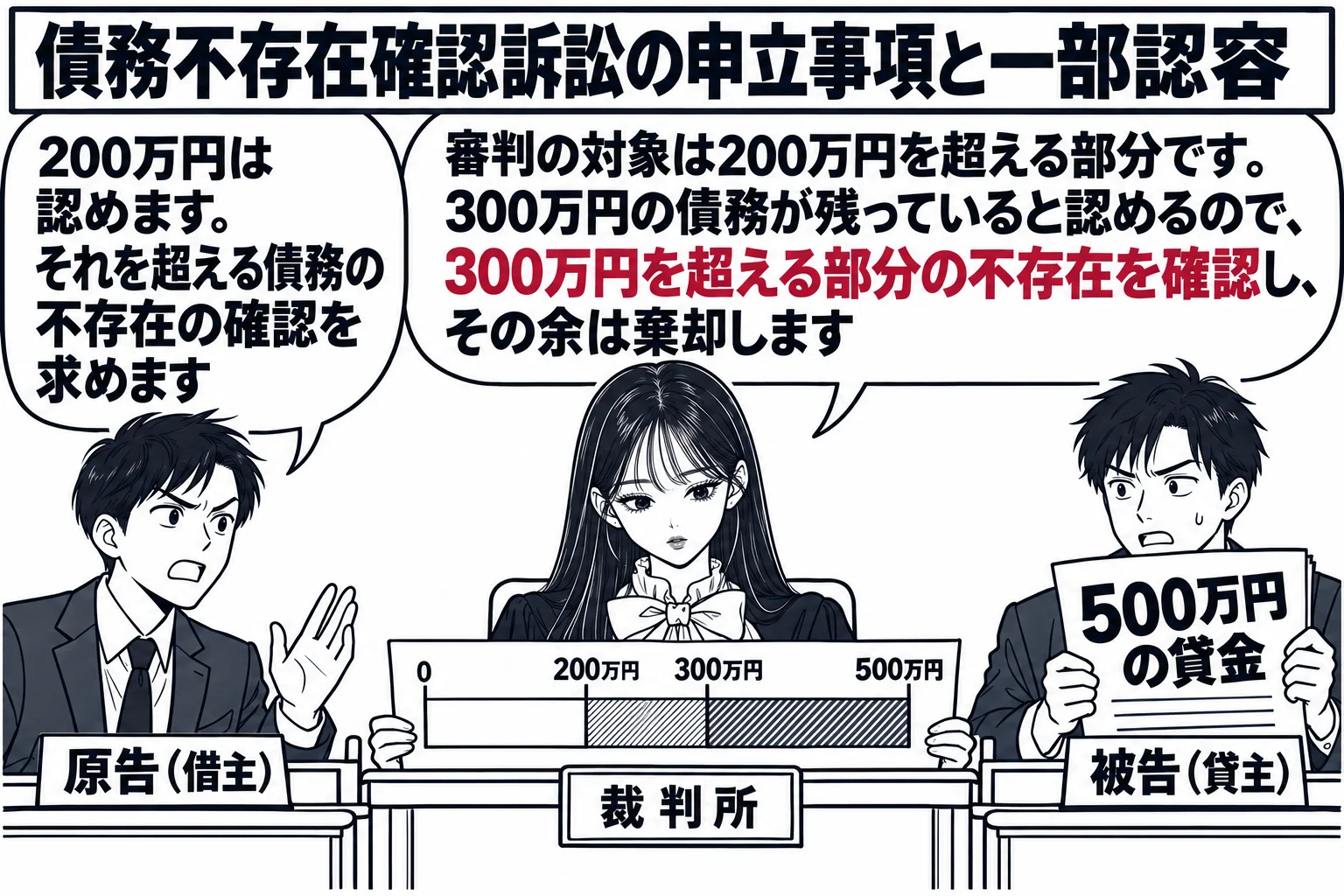 民事の法廷の場面。原告席の男性（札「原告（借主）」）が「200万円は認めます。それを超える債務の不存在の確認を求めます」と言っている。被告席の男性（札「被告（貸主）」）が「500万円の貸金」と書かれた書類を持っている。正面の裁判官席で先生が