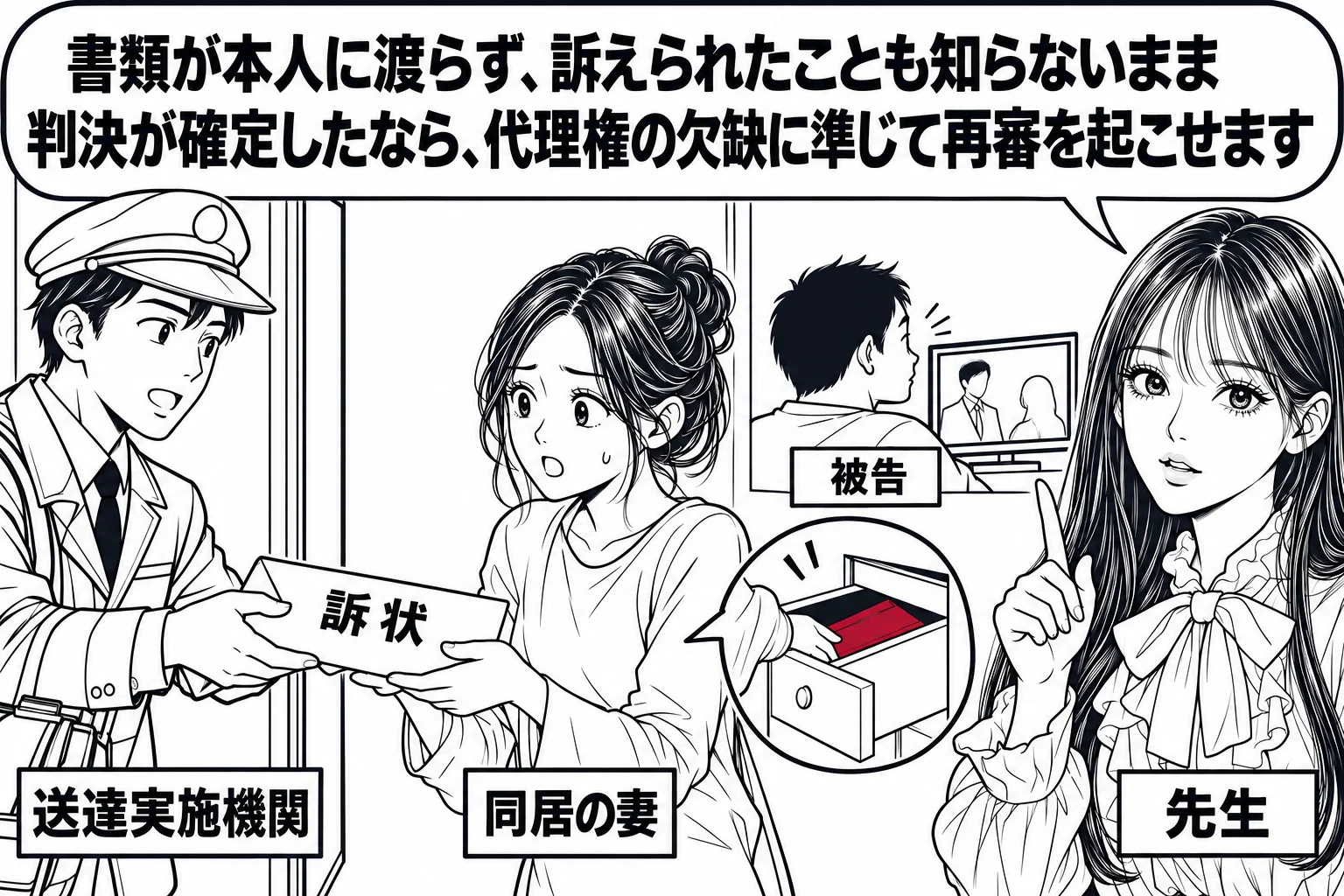 住宅の玄関先の場面。郵便配達員風の男性（札「送達実施機関」）が「訴状」と書かれた封筒を、玄関に出てきた女性（札「同居の妻」）に手渡している。家の奥の部屋のテレビの前に男性（札「被告」）が座っていて、こちらには気づいていない。妻の背中の後ろの