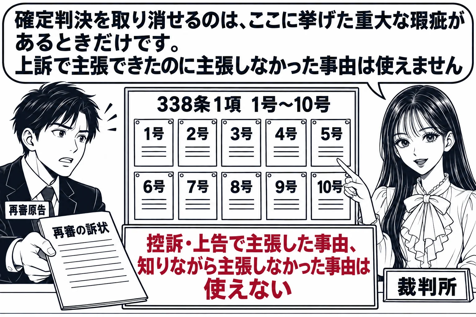 地方裁判所の再審の受付の場面。男性（札「再審原告」）が「再審の訴状」を差し出し、その横に「338条1項 1号〜10号」と書かれた掲示板があり、十個の札が並んでいる。掲示板の下に注意書き「控訴・上告で主張した事由、知りながら主張しなかった事由