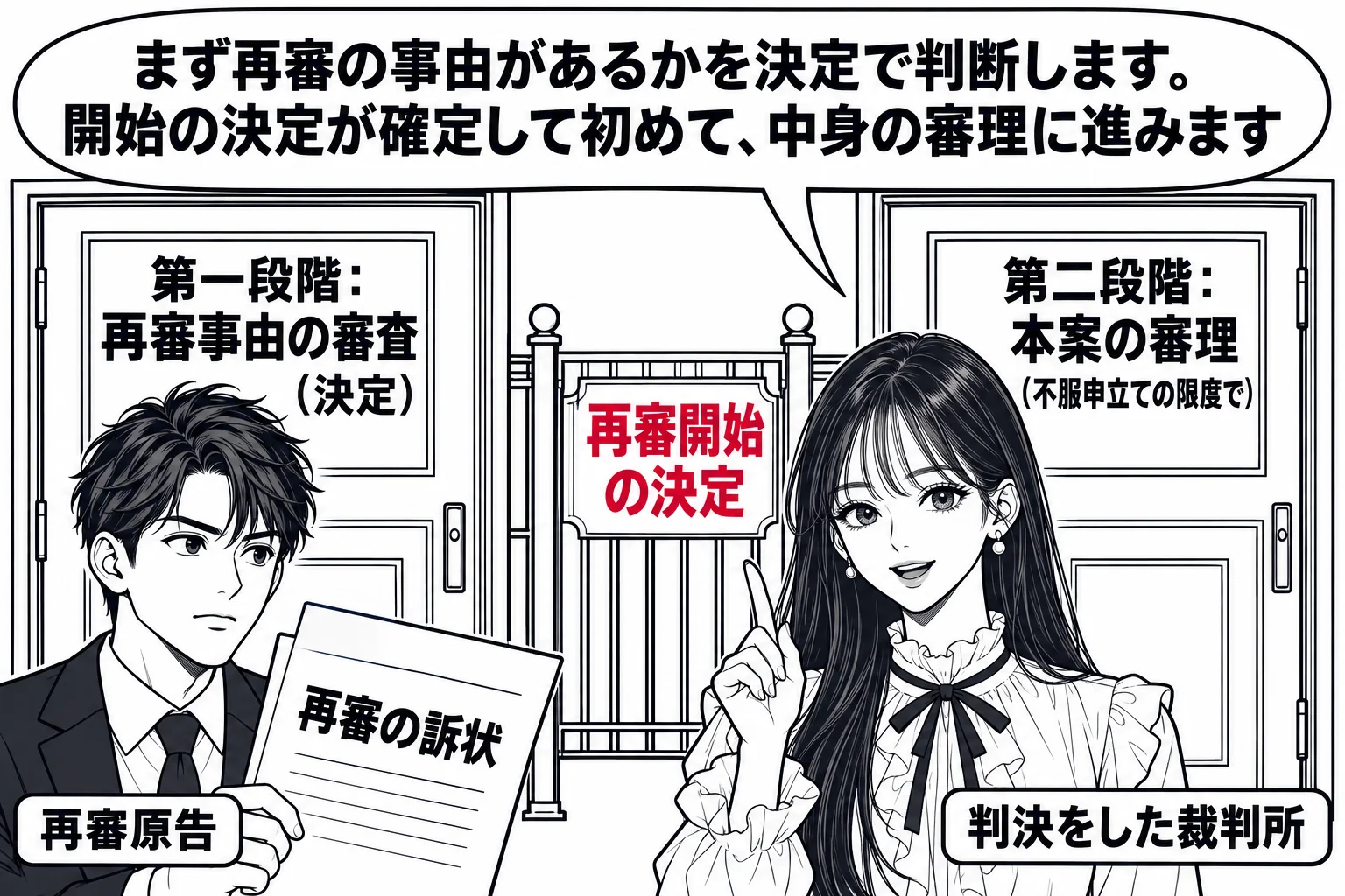 地方裁判所の法廷の前の廊下に、二つの部屋の扉が並ぶ場面。左の扉の札「第一段階：再審事由の審査（決定）」、右の扉の札「第二段階：本案の審理（不服申立ての限度で）」。左の扉の前に男性（札「再審原告」）が立ち、手に「再審の訴状」。二つの扉の間に門