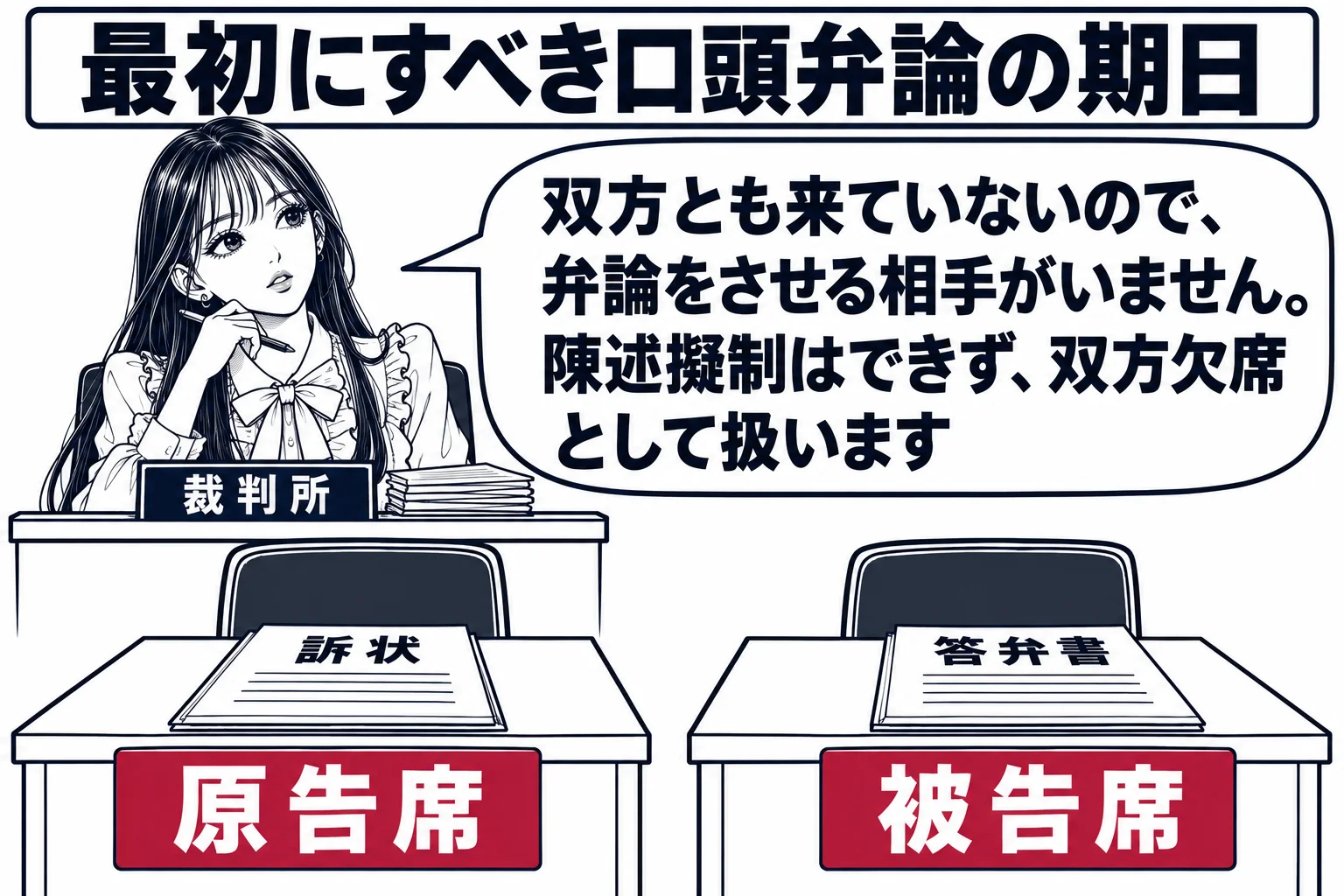 法廷の場面。原告席も被告席も空いていて、それぞれの机に「訴状」「答弁書」の書面が置かれている。法壇の先生（札「裁判所」）が書面を前に首をかしげ、吹き出し「双方とも来ていないので、弁論をさせる相手がいません。陳述擬制はできず、双方欠席として扱