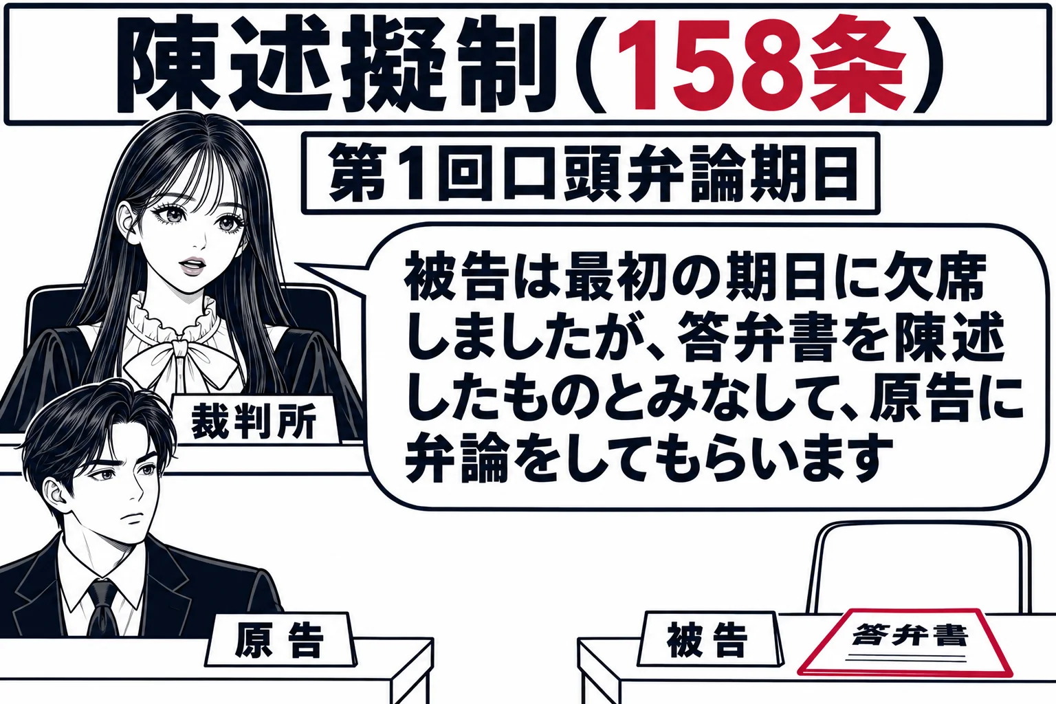 第1回口頭弁論期日の法廷。原告席に原告代理人（札「原告」）が座り、被告席は空いていて、その机の上に一通の書面（札「答弁書」）だけが置かれている。法壇の先生が裁判長役（札「裁判所」）で、吹き出し「被告は最初の期日に欠席しましたが、答弁書を陳述