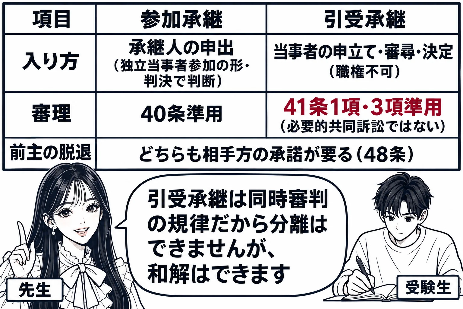 教室の場面。先生が教師役（札「先生」）で黒板の前に立つ。黒板に比較表。行「入り方：参加承継＝承継人の申出（独立当事者参加の形・判決で判断）／引受承継＝当事者の申立て・審尋・決定（職権不可）」、行「審理：参加承継＝40条準用／引受承継＝41条