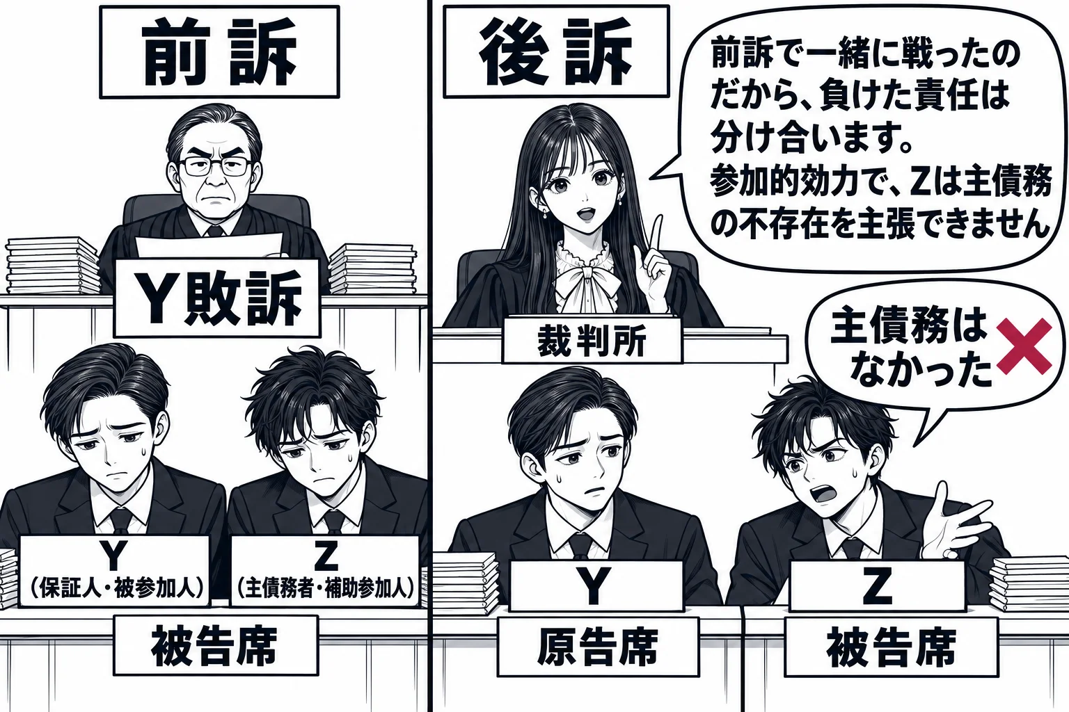 法廷の場面を二コマで描く。左のコマ（札「前訴」）では、被告席に男性（札「Y（保証人・被参加人）」）とその隣に男性（札「Z（主債務者・補助参加人）」）が並び、裁判官席の札に「Y敗訴」。右のコマ（札「後訴」）では、原告席にY、被告席にZが座り、