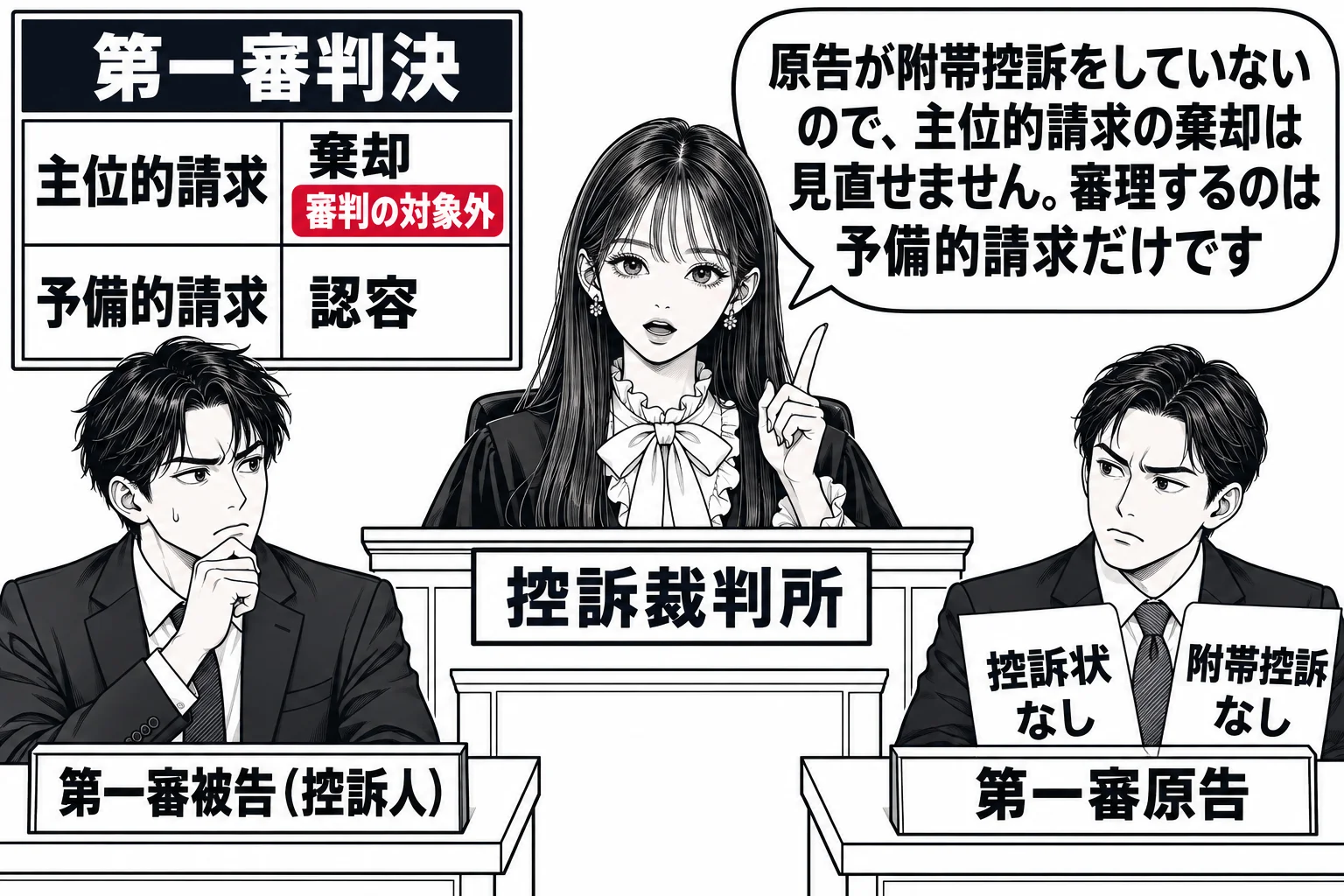 控訴審の法廷の場面。法壇に先生が裁判官役（札「控訴裁判所」）として座る。控訴人席に男性（札「第一審被告（控訴人）」）、被控訴人席に男性（札「第一審原告」）が座り、原告の机の上に「控訴状なし」「附帯控訴なし」の紙が置かれている。法壇の脇のボー