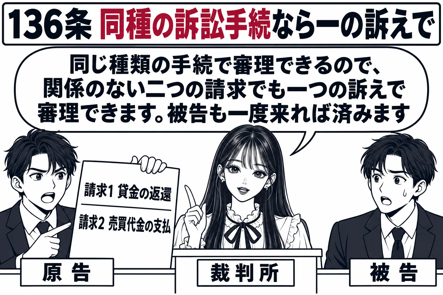 地方裁判所の法廷の場面。原告席の男性（札「原告」）が訴状を1通だけ掲げ、訴状の表紙に「請求1 貸金の返還」「請求2 売買代金の支払」と2行で書かれている。被告席に男性（札「被告」）。法壇に先生が裁判官役（札「裁判所」）として座り、壁の掲示「
