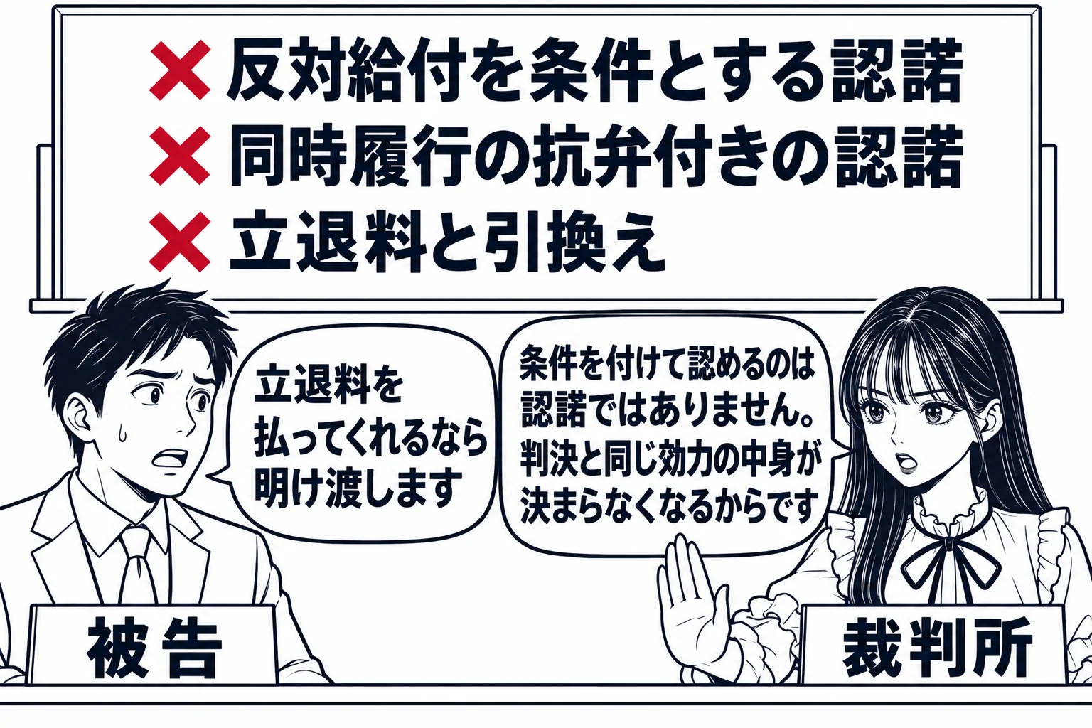 法廷の場面。被告（札「被告」）が「立退料を払ってくれるなら明け渡します」と述べている。裁判官席の先生（札「裁判所」）が手を挙げて制し、吹き出し「条件を付けて認めるのは認諾ではありません。判決と同じ効力の中身が決まらなくなるからです」。背後の